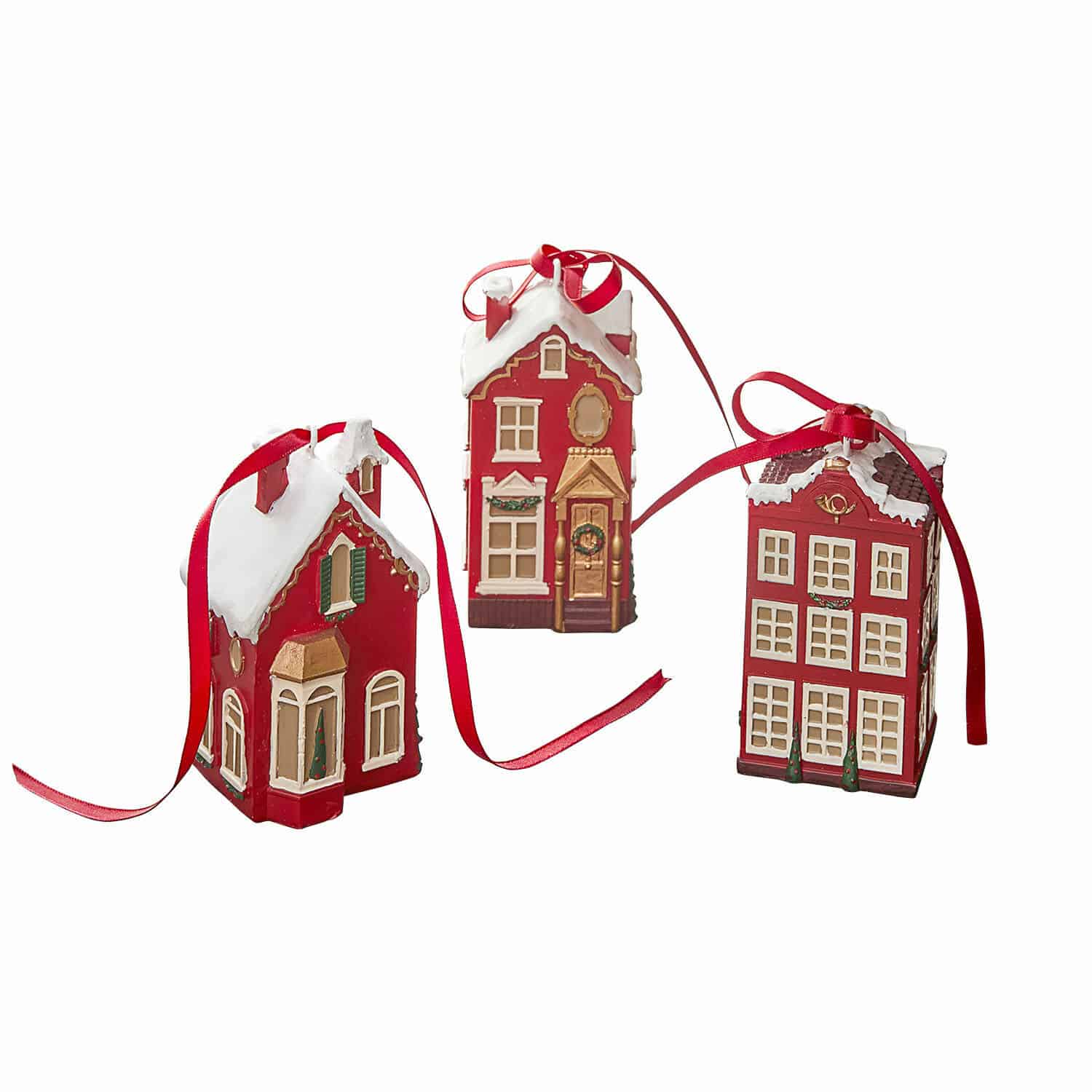 Lot de 3 décorations à suspendre Aravyn Ensemble de trois décorations de maison rouges avec toit blanc et ruban rouge pour sapin de Noël