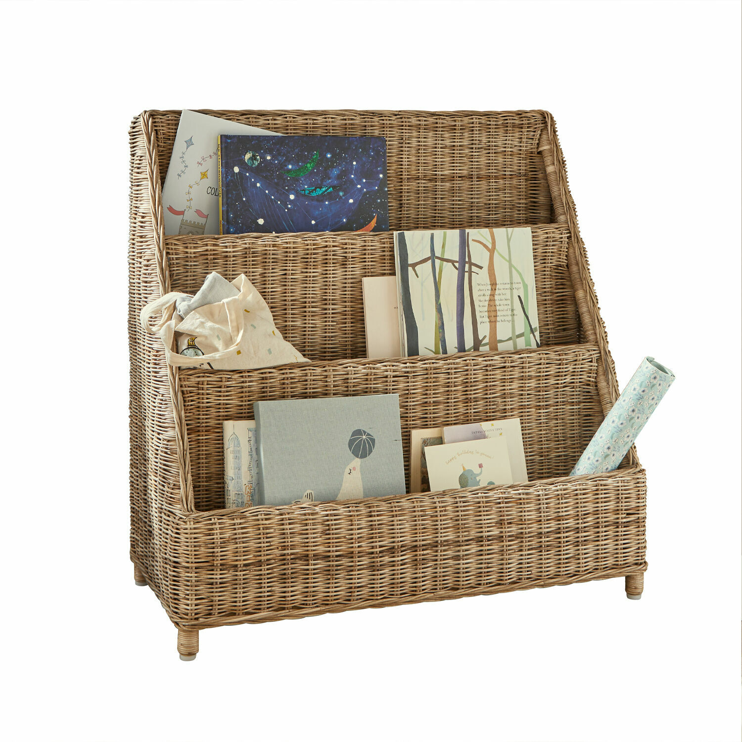 Bibliothèque Trésolia Étagère à trois niveaux en rotin naturel avec livres et décorations pour rangement pratique