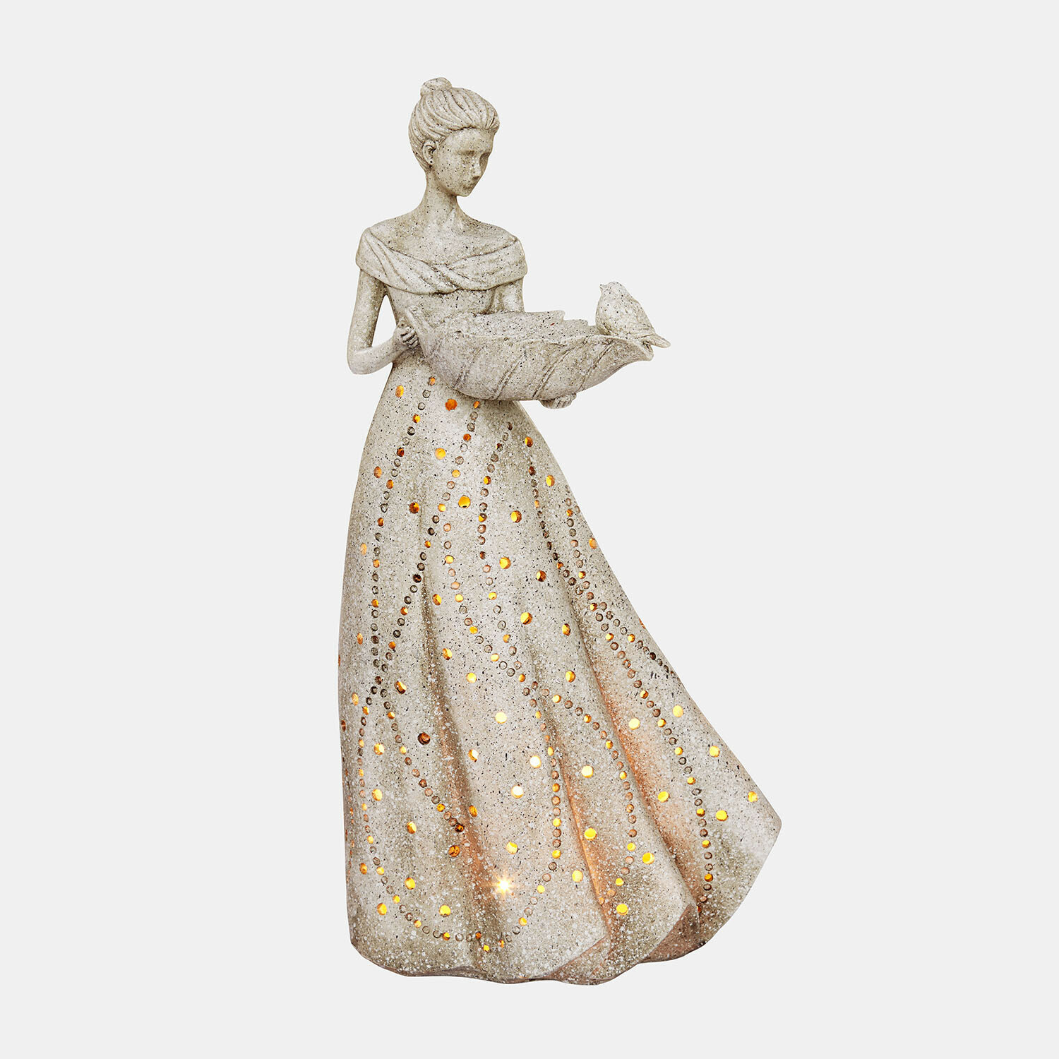Figurine décorative à LED Maurelle Statue de femme en pierre claire tenant un luminaire avec oiseau, décoration de jardin lumineuse LED