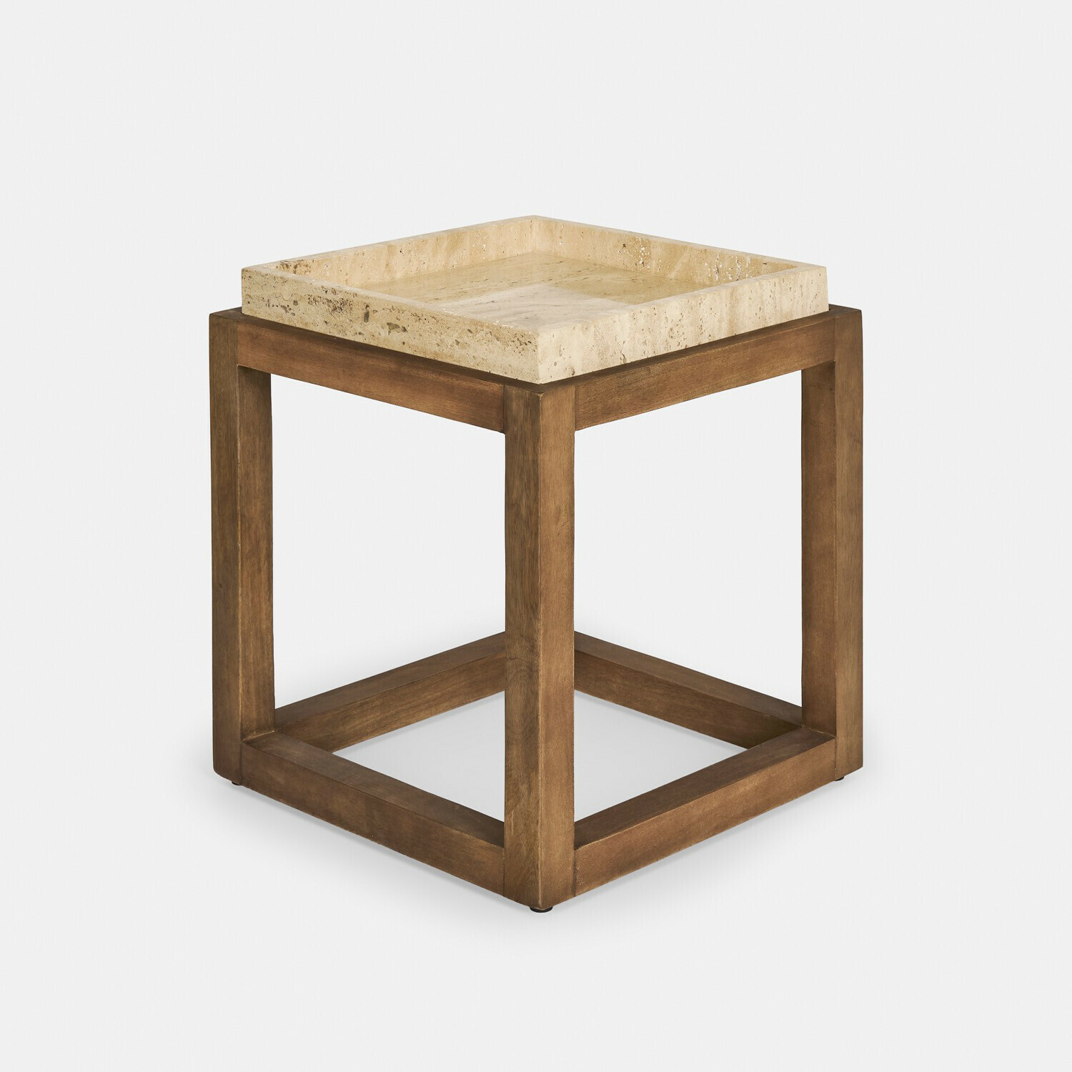 Table d’appoint Edwyn Table carrée avec plateau en travertin clair et cadre en bois foncé pour salon moderne