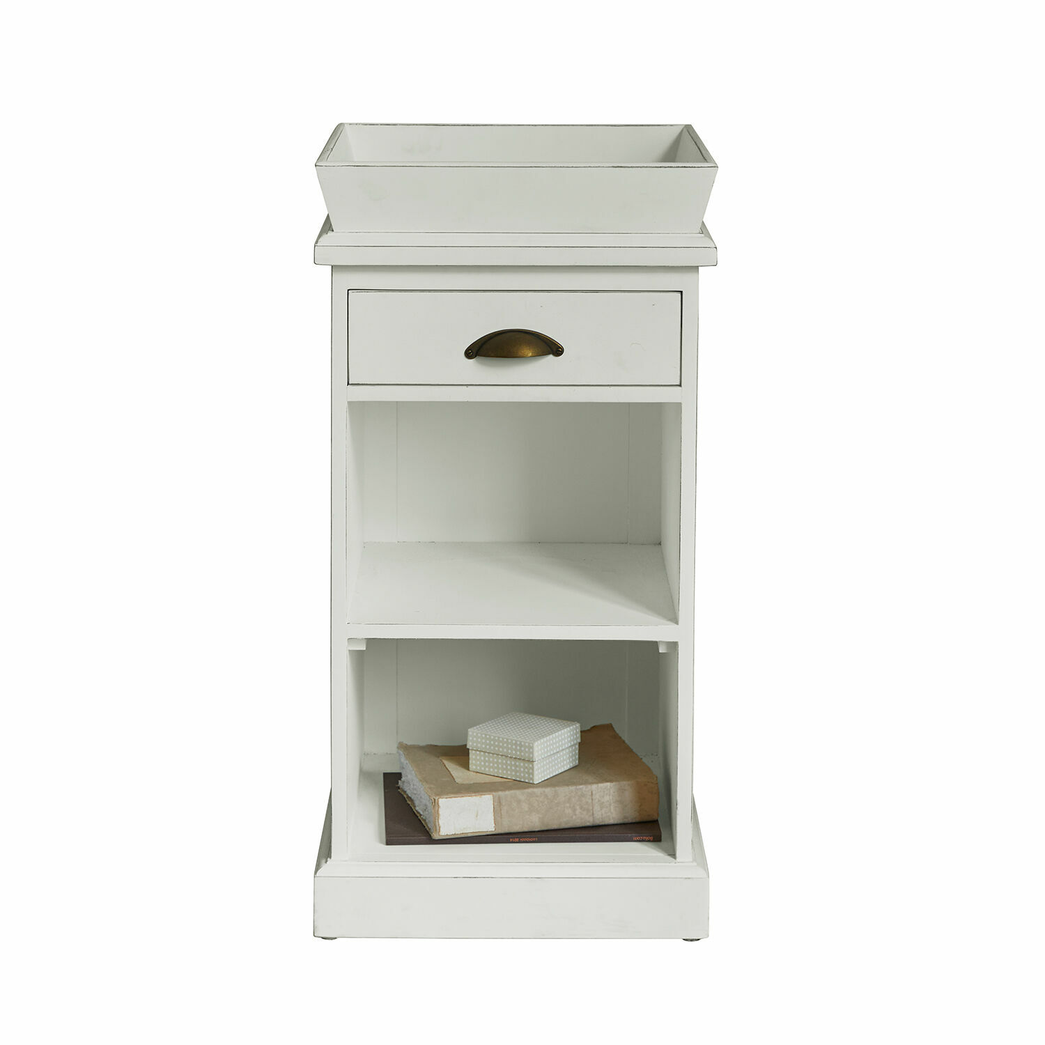 Table de chevet Montarie Table en bois blanc avec tiroir et étagères, meuble de rangement pour salon ou chambre