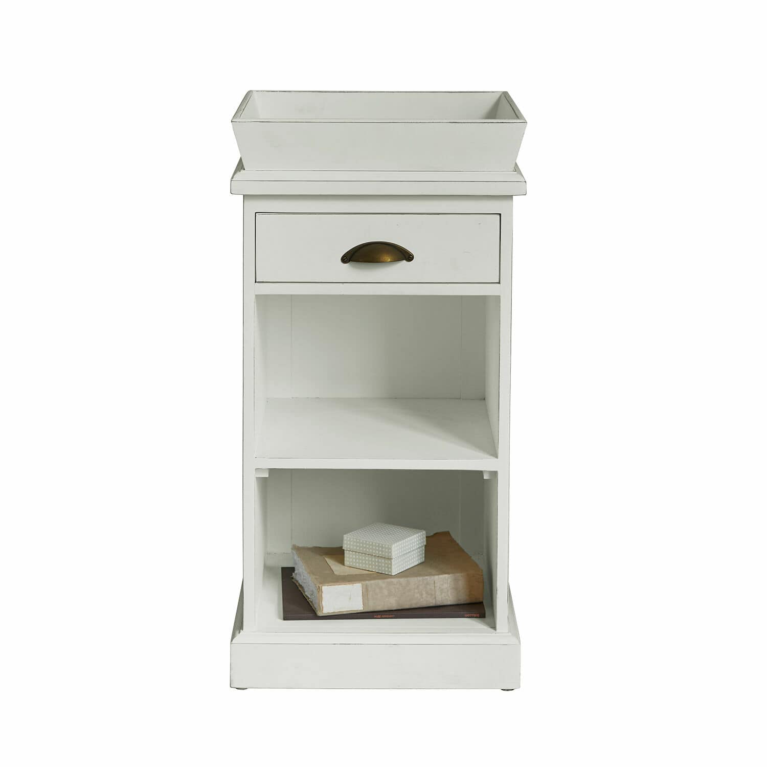 Table de chevet Montarie Table en bois blanc avec tiroir et étagères, meuble de rangement pour salon ou chambre