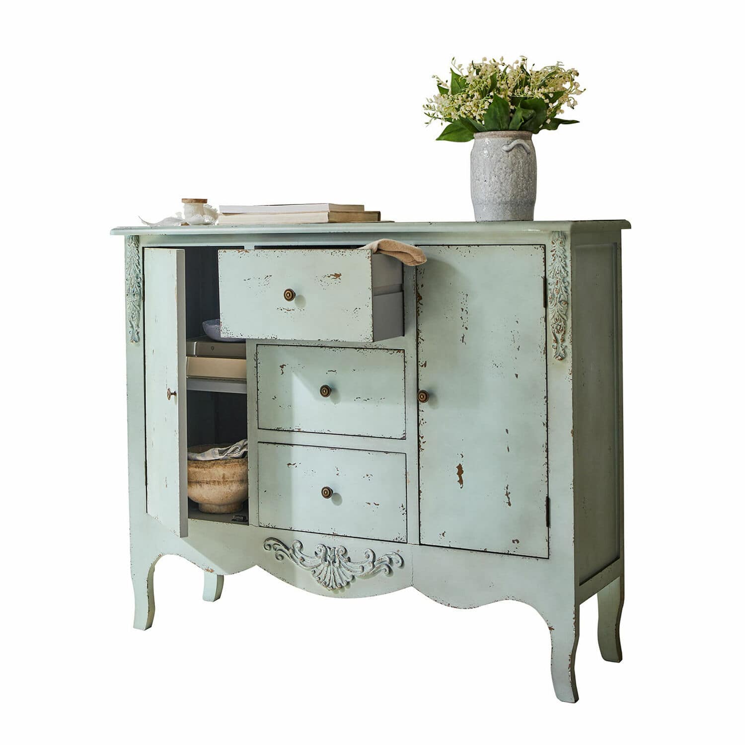 Buffet Thalorian Commode vintage en bois vert menthe avec tiroirs et détails décoratifs pour rangement salon