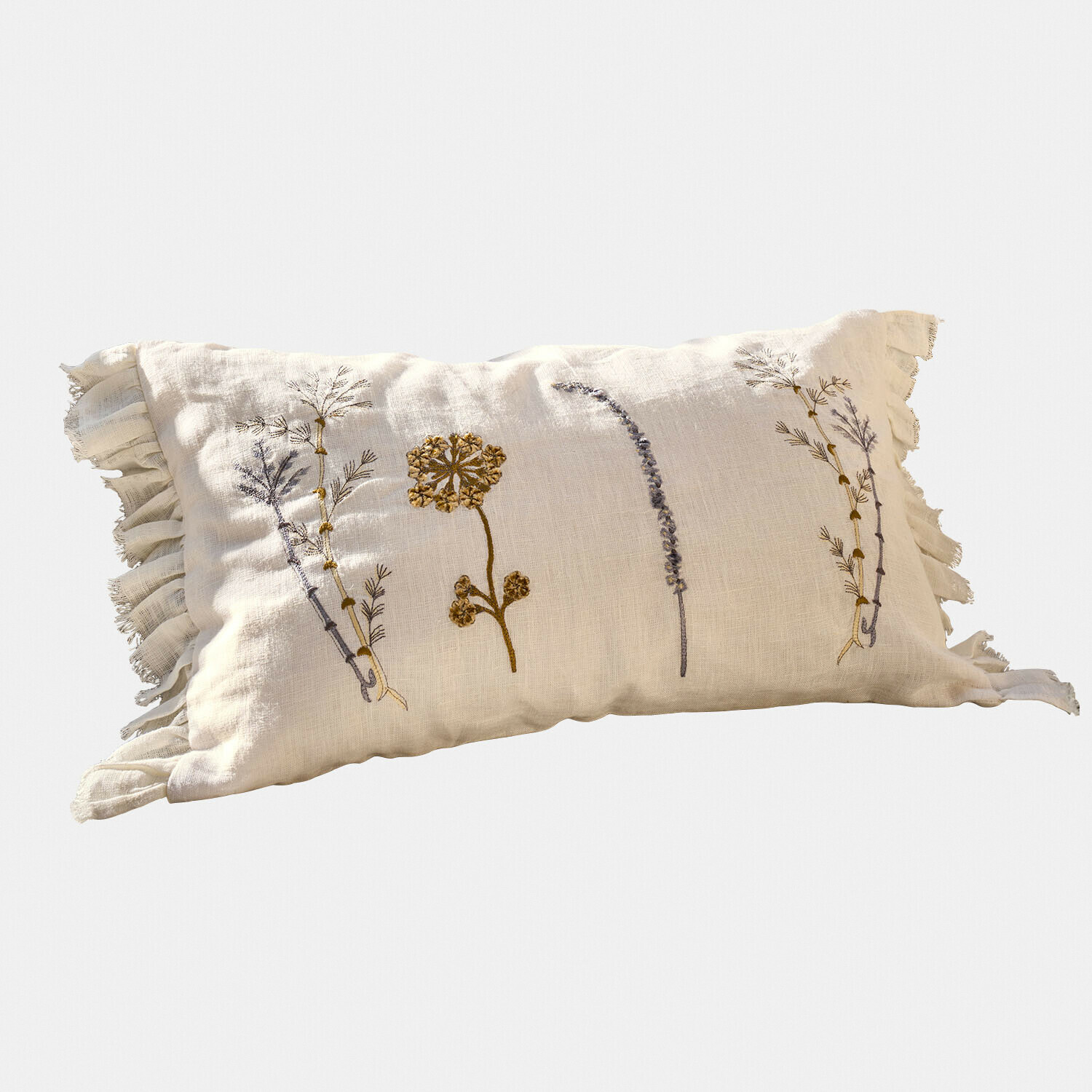 Housse de coussin Quélivane Coussin beige en lin avec broderie florale et volants, coussin décoratif pour salon ou chambre