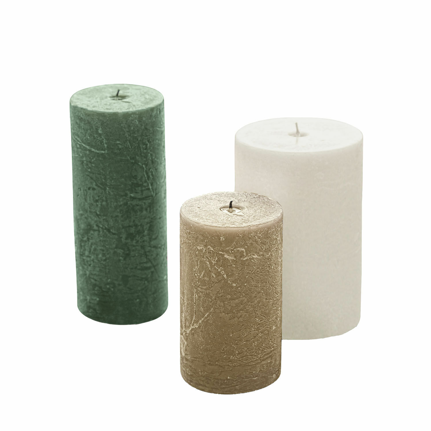 crème/vert/taupe Lot de 3 bougies Pretin crème, vert et taupe avec texture rustique décorative