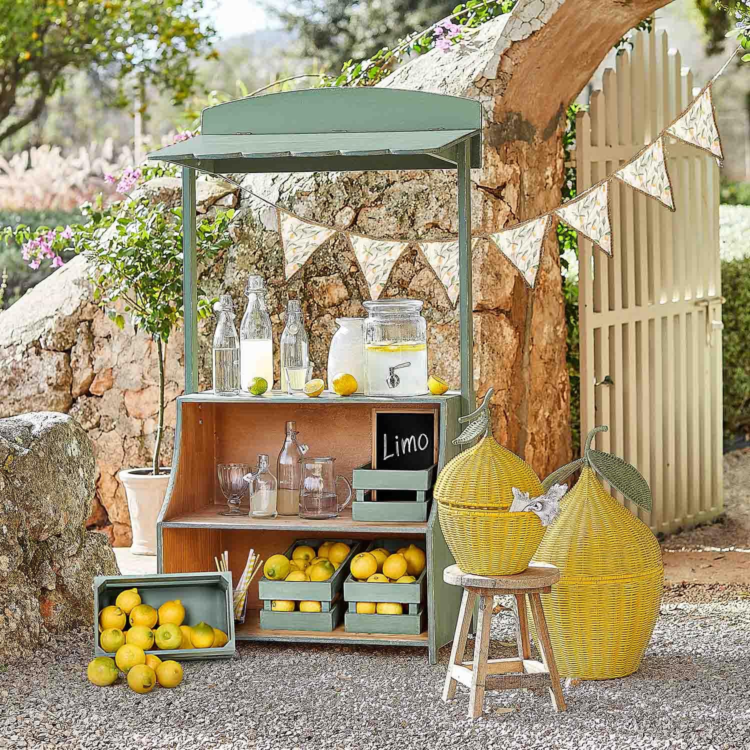Étal en bois vert avec citrons et bouteilles en verre pour limonade dans un jardin ensoleillé