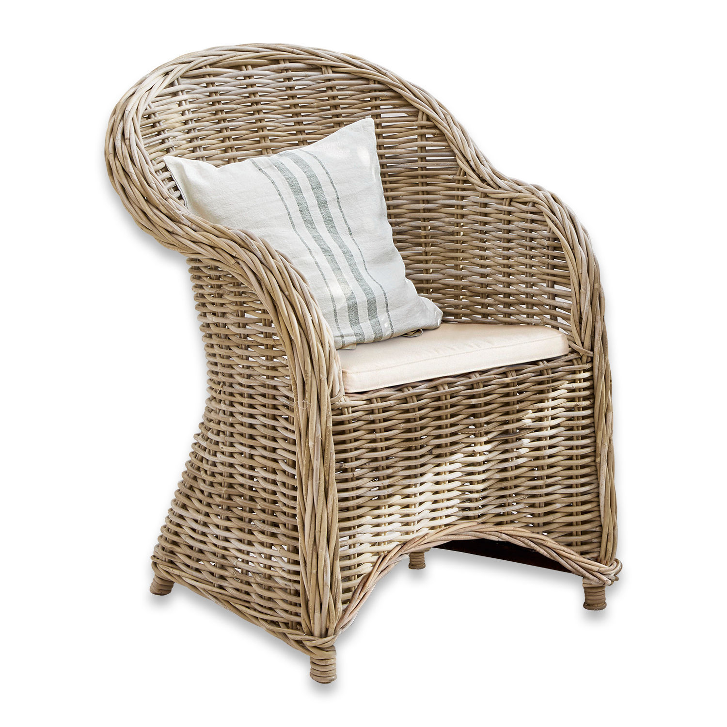 Fauteuil Margate Fauteuil en rotin naturel avec coussin clair et coussin décoratif rayé pour salon cosy