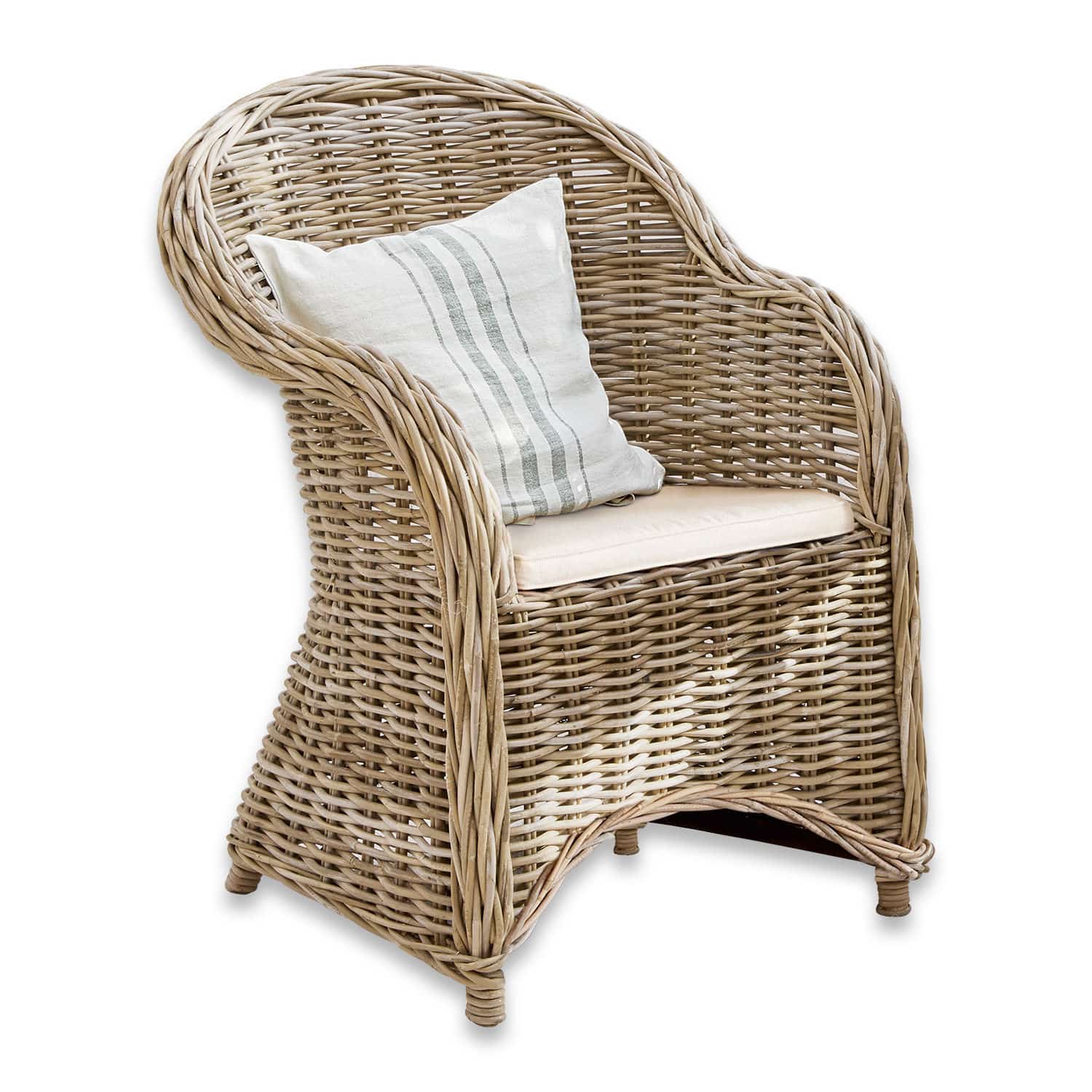 Fauteuil Margate Fauteuil en rotin naturel avec coussin clair et coussin décoratif rayé pour salon cosy