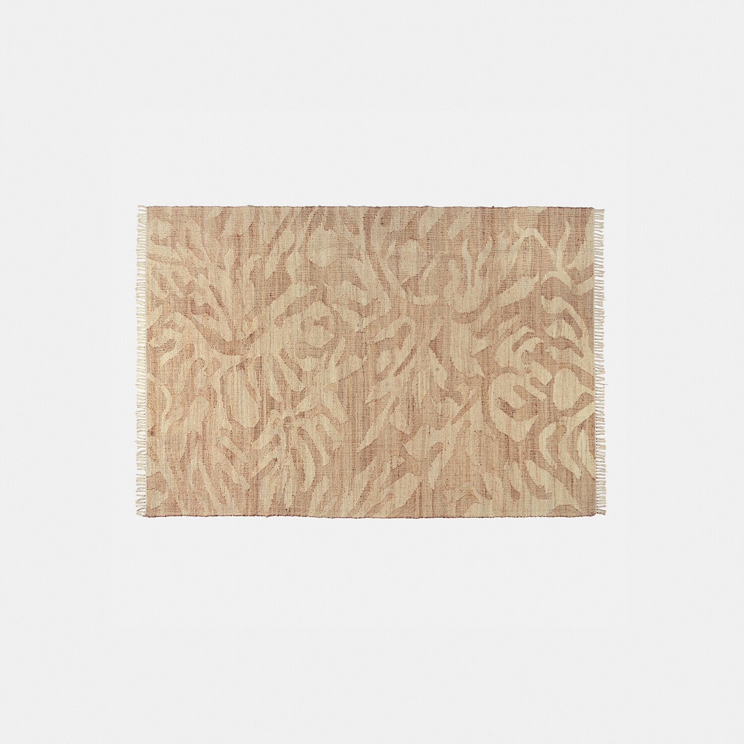 Tapis Marsetta Tapis beige en matériau naturel avec motif abstrait et franges sur les côtés, décoration de sol