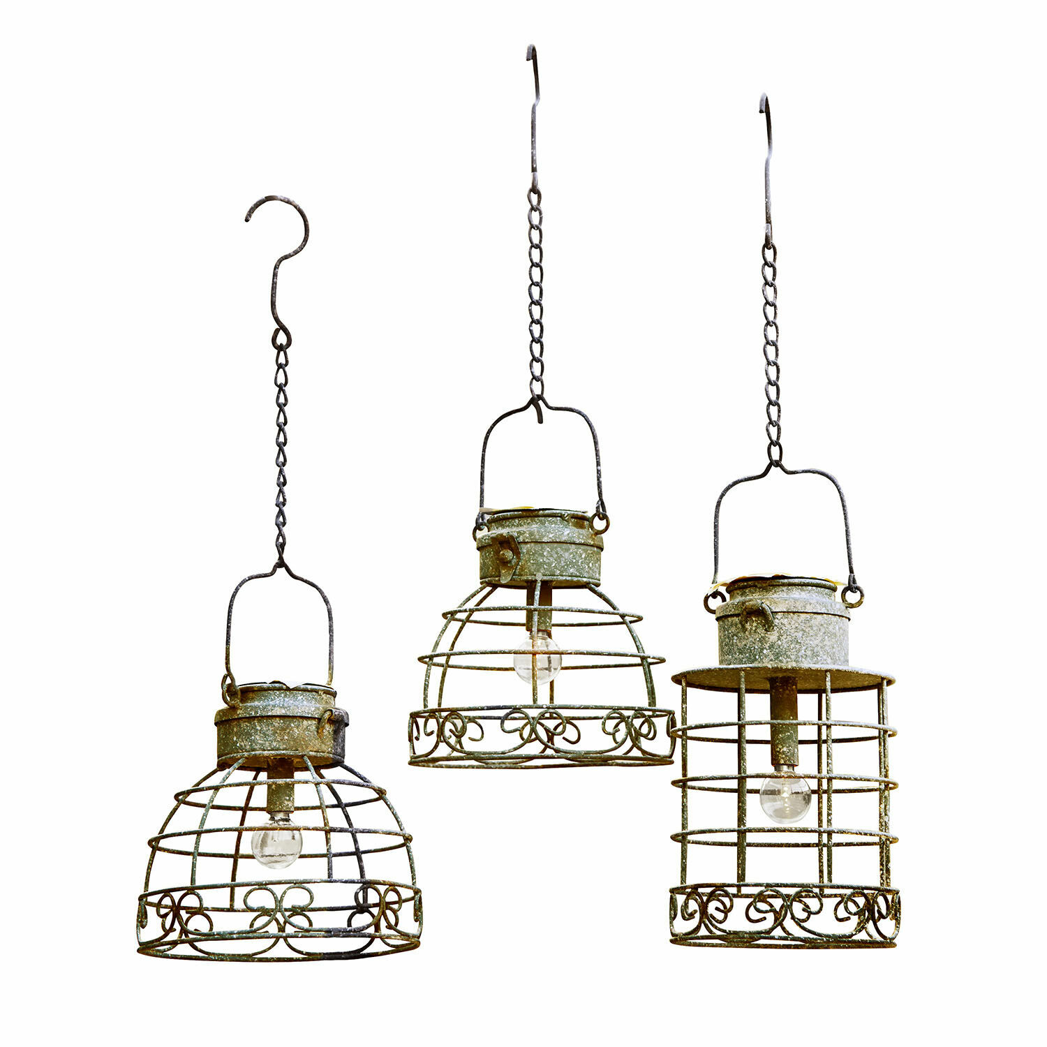 Lot de 3 lanternes solaires Yirevol Ensemble de trois lampes suspendues en métal grillagé vert-gris style vintage, éclairage décoratif intérieur extérieur