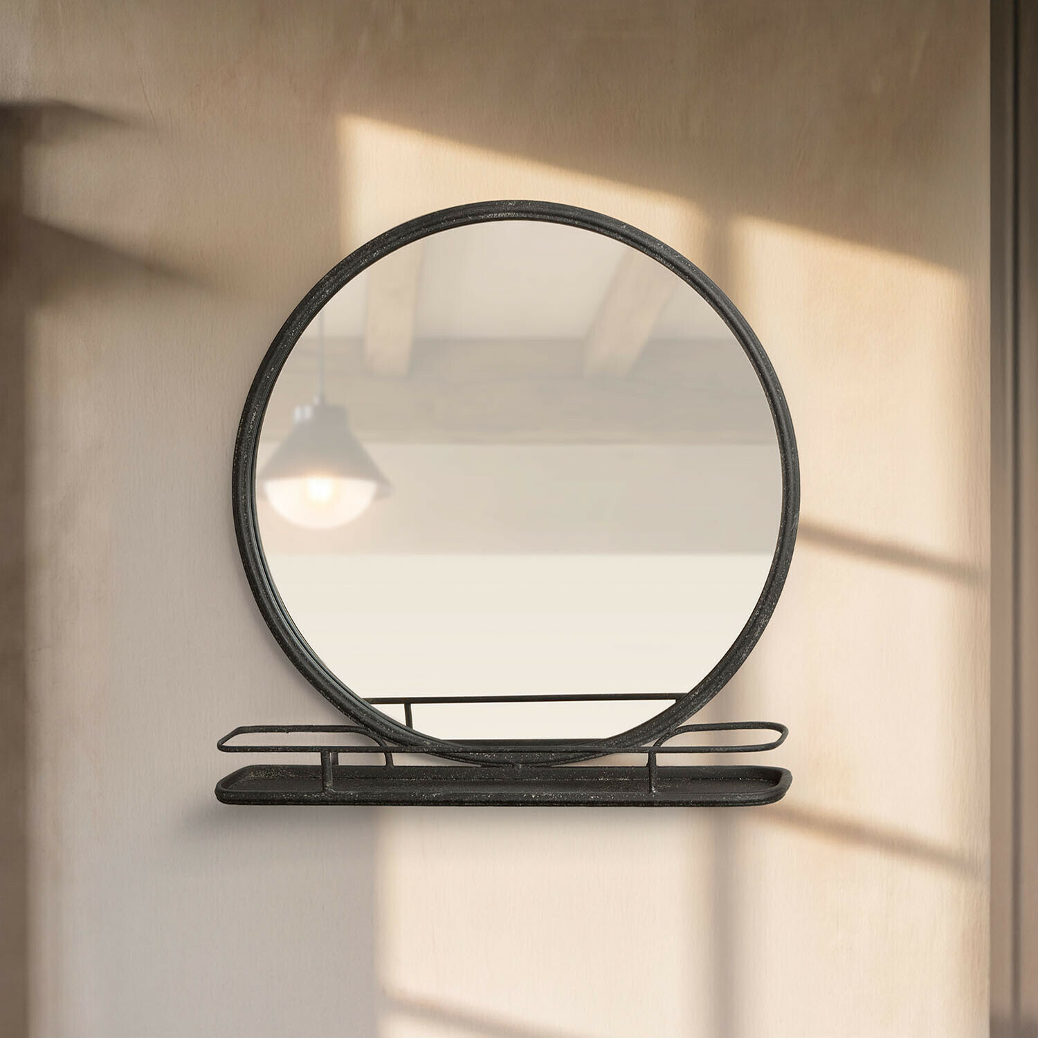 Miroir Zentros Miroir rond en métal noir avec étagère murale, élément décoratif moderne pour intérieur