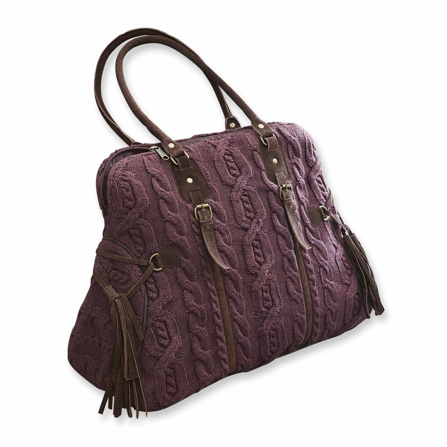 Sac Donna bordeaux en maille avec anses en cuir marron et franges, accessoire tendance