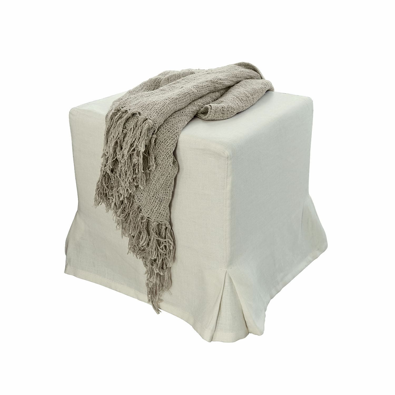 Pouf Ulysette Pouf beige en tissu avec plaid tricoté gris à franges, meuble d'intérieur et décoration cosy
