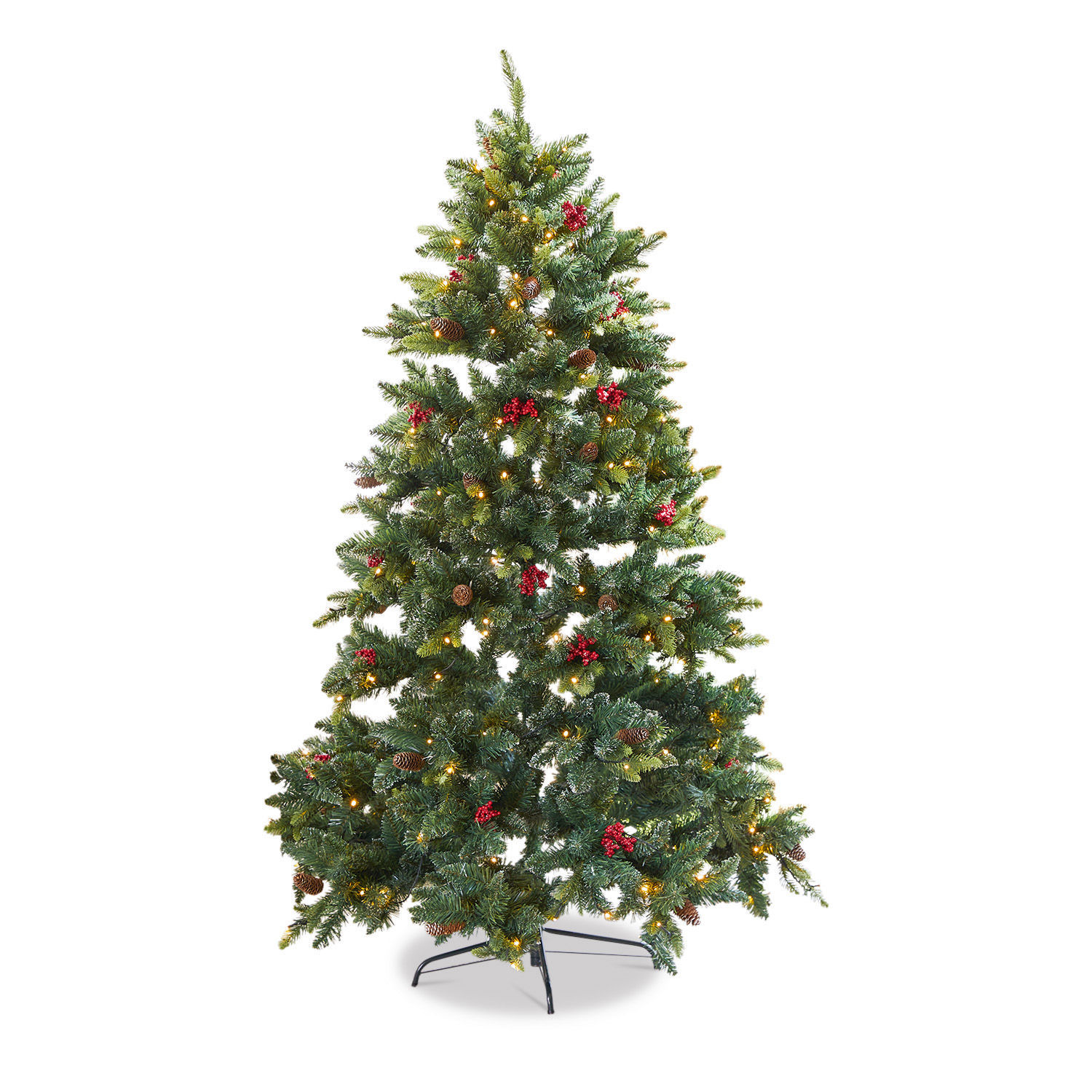 Sapin de Noël Bindley Sapin artificiel vert avec baies rouges, pommes de pin et guirlande lumineuse LED chaude pour décoration de Noël