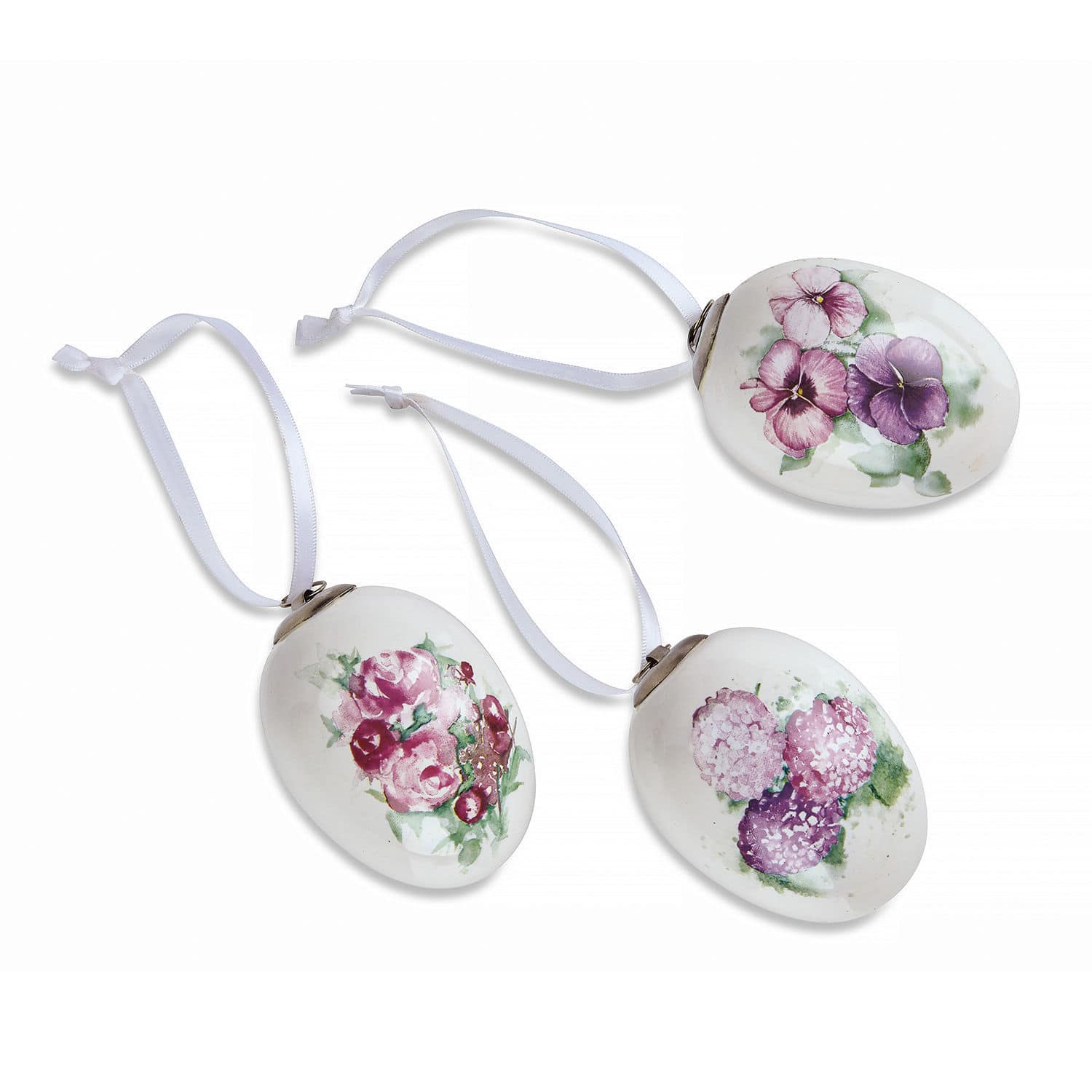 Lot de 3 œufs de Pâques Maurine Œufs en céramique blanche avec motifs floraux et rubans blancs pour suspension, décoration de Pâques