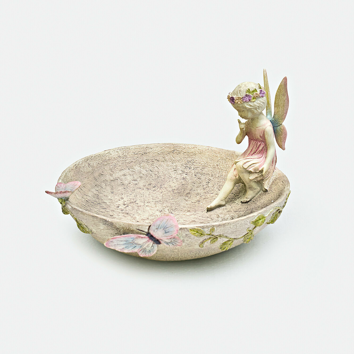 Abreuvoir à oiseaux Finnedra Coupe décorative en résine avec fée assise et papillons colorés pastel pour décoration intérieure