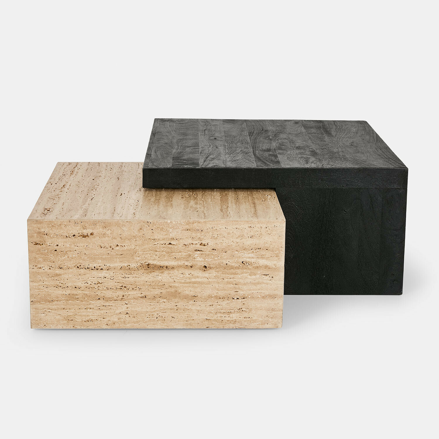 Table basse Caleneuve Tables basses modernes en travertin clair et bois noir avec pichet en céramique et bol