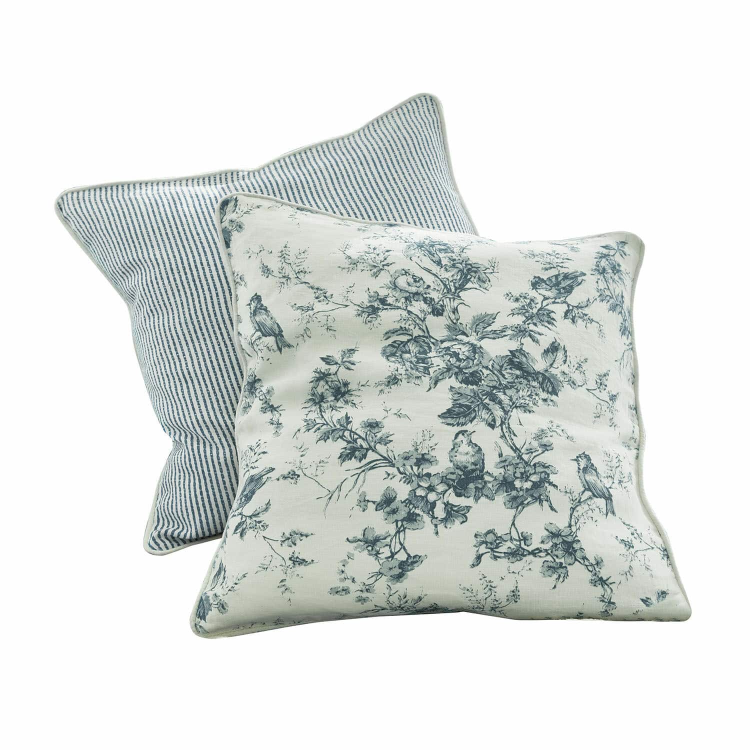 Lot de 2 coussins Emilie Ensemble de deux coussins décoratifs en coton avec motifs bleus d'oiseaux et rayures