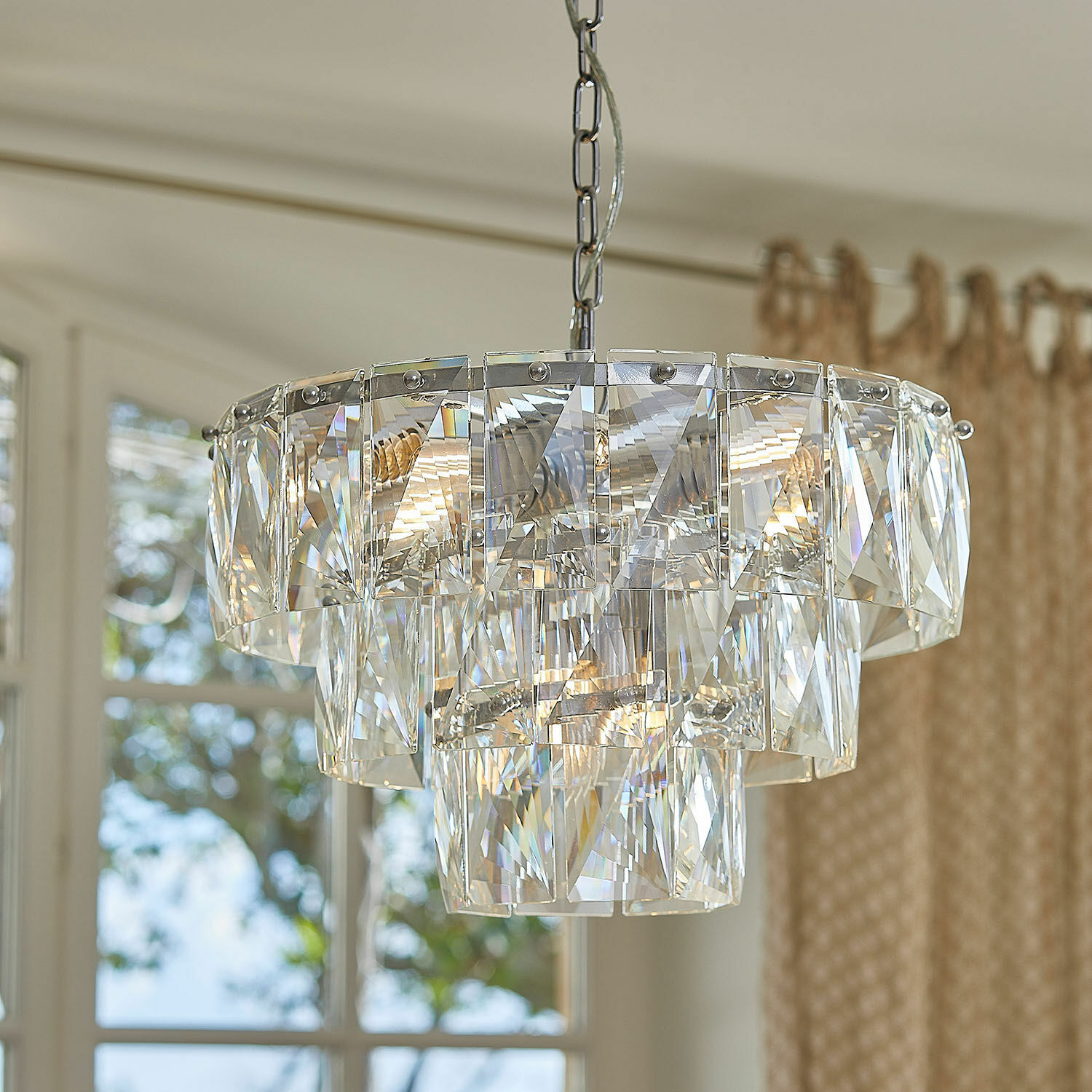 Lustre Crystalford Suspension en verre transparent avec panneaux en cristal, éclairage moderne pour salon élégant
