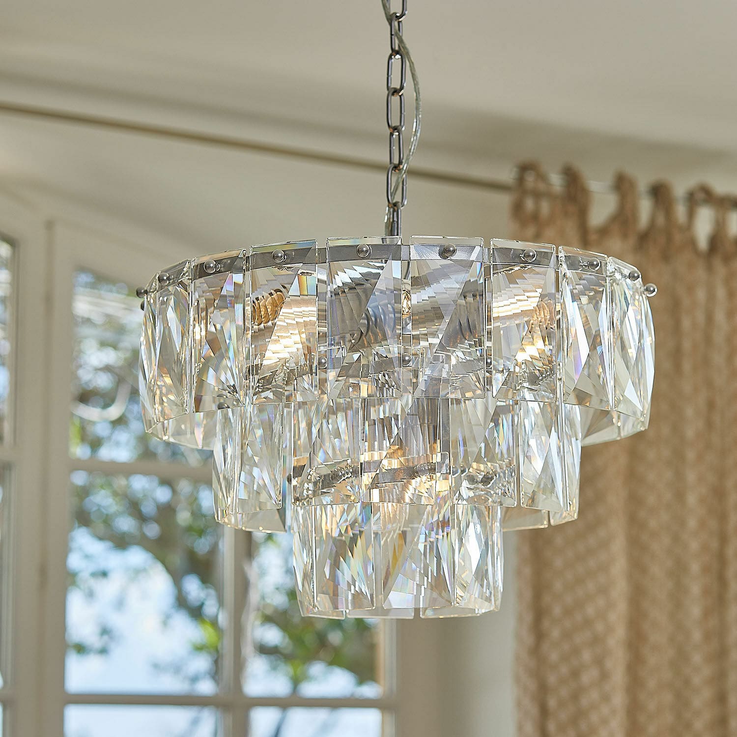 Lustre Crystalford Suspension en verre transparent avec panneaux en cristal, éclairage moderne pour salon élégant