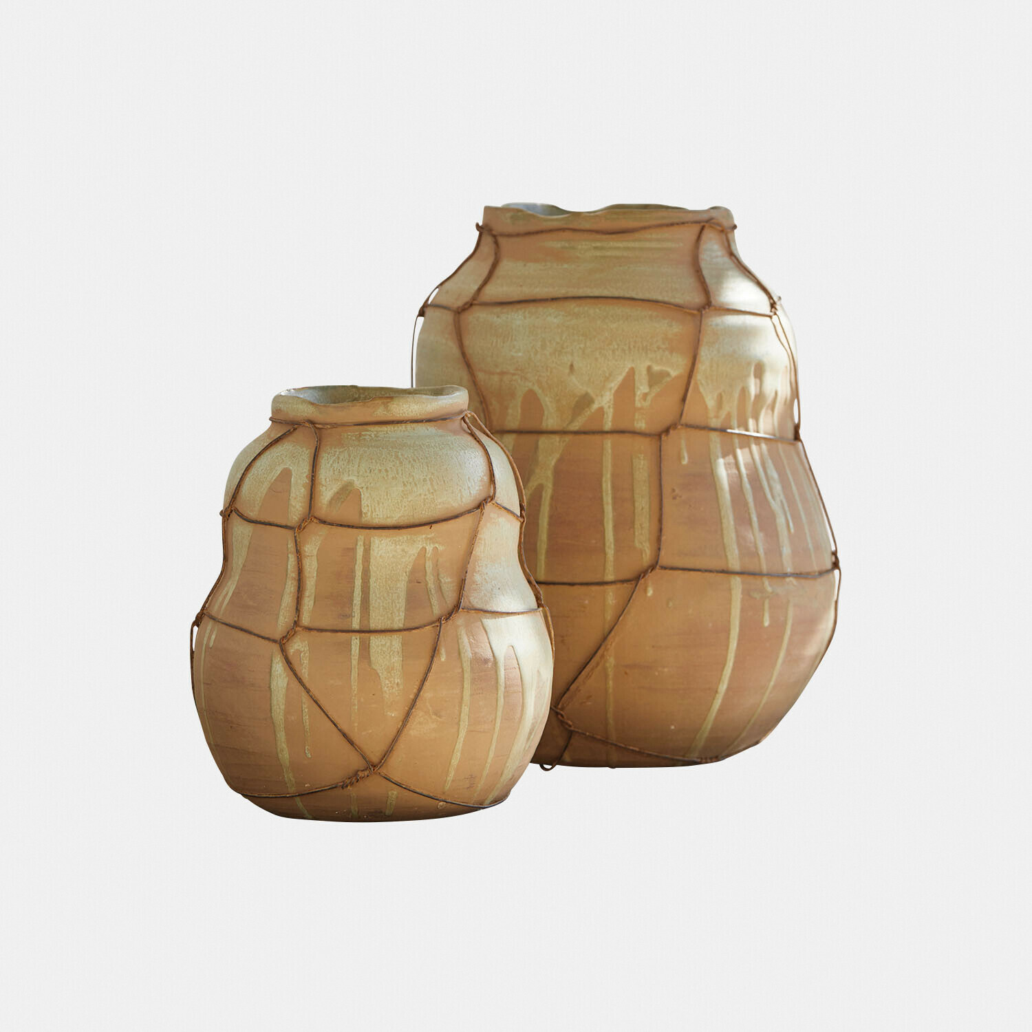 Lot de 2 vases Frandoro Deux vases en céramique beige avec corde décorative, style rustique pour décoration intérieure