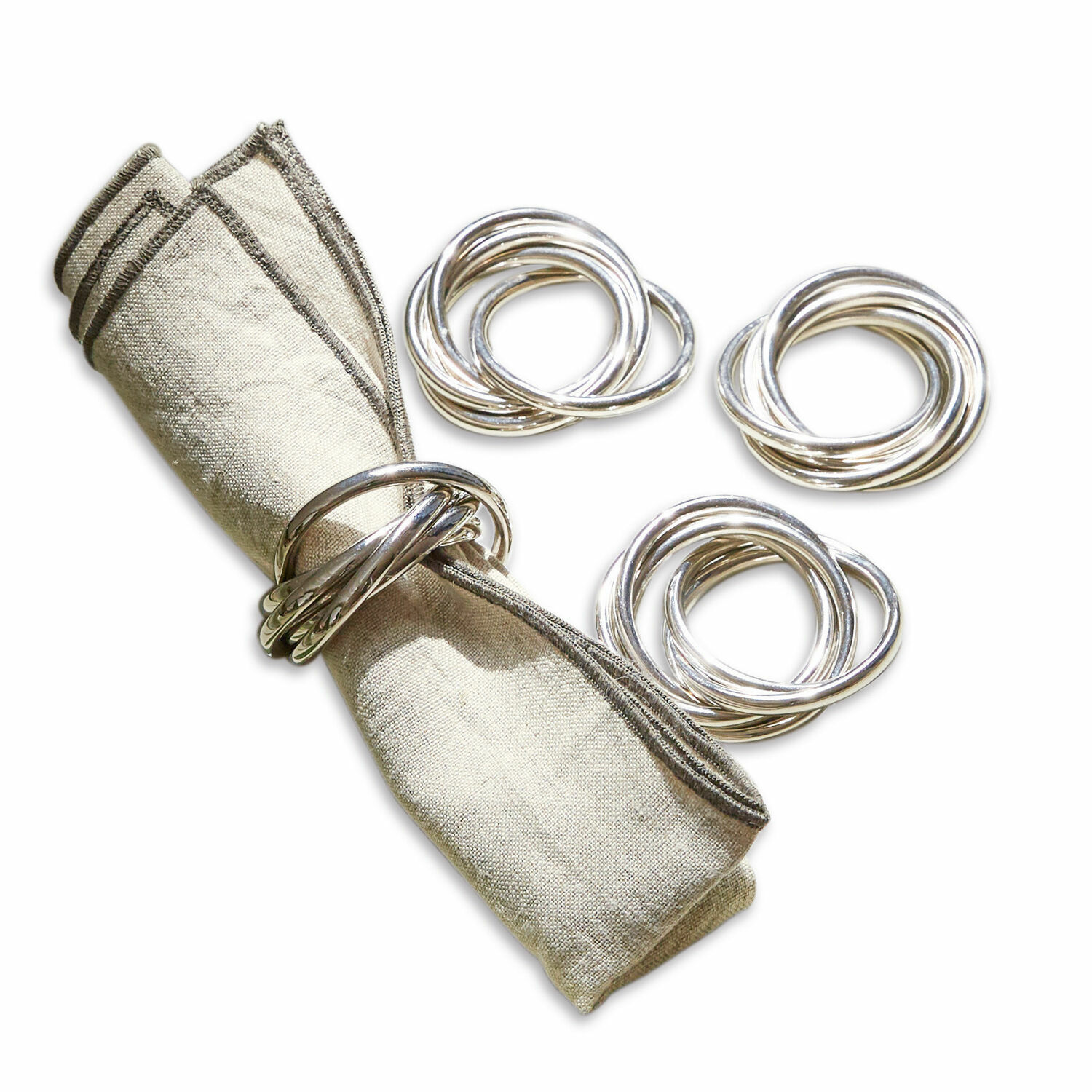 Lot de 4 ronds de serviettes Limche Ensemble d'anneaux à serviettes en métal argenté avec serviette en lin beige pour décoration de table