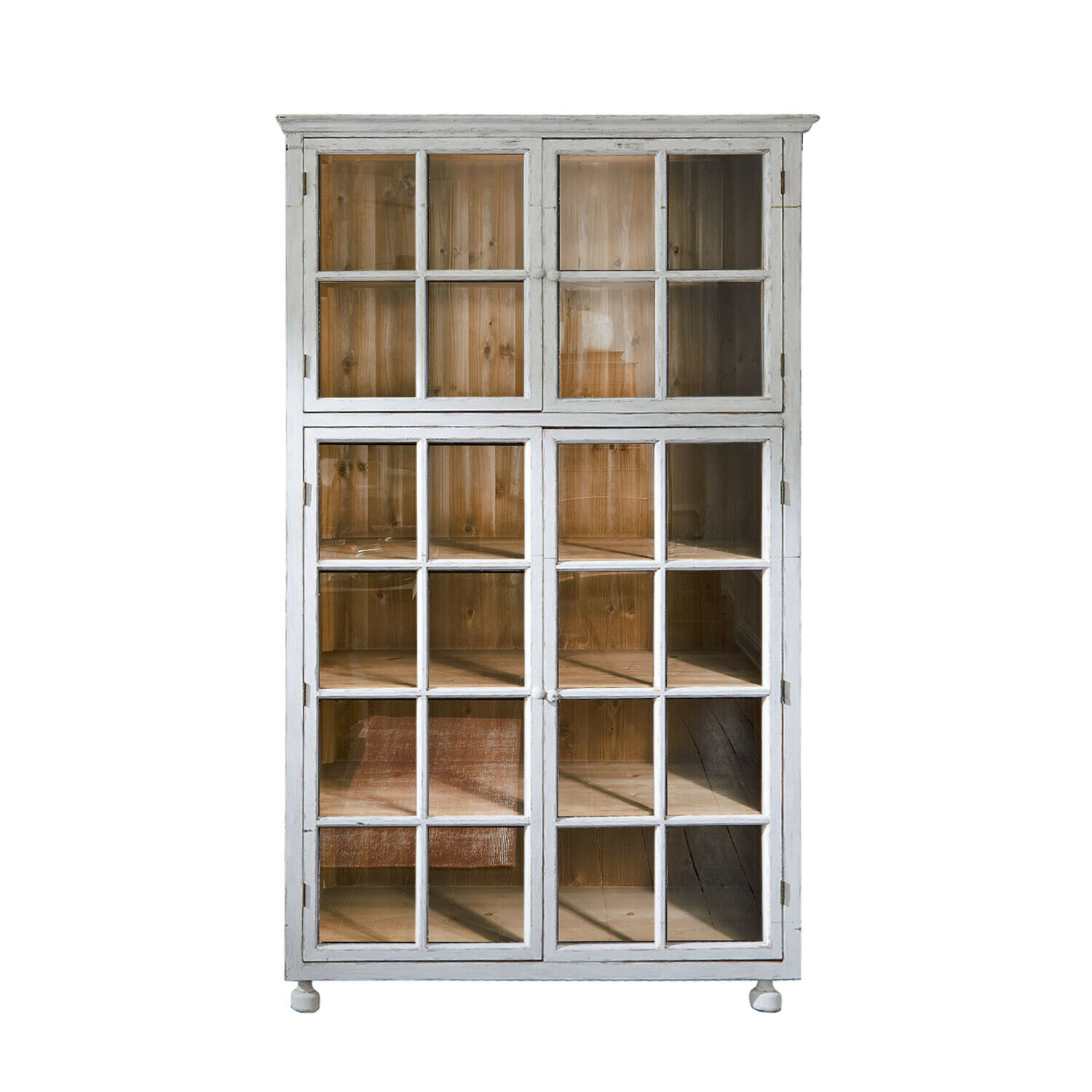 blanc vieilli Armoire Bellac en bois blanc antique avec portes vitrées et intérieur naturel pour rangement