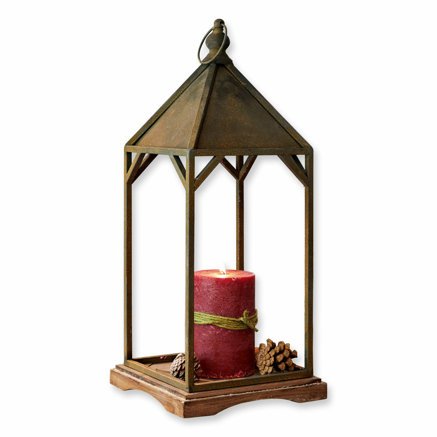 Lanterne Mechlour Lanterne en métal rouillé sur socle en bois avec bougie rouge et pommes de pin décoratives