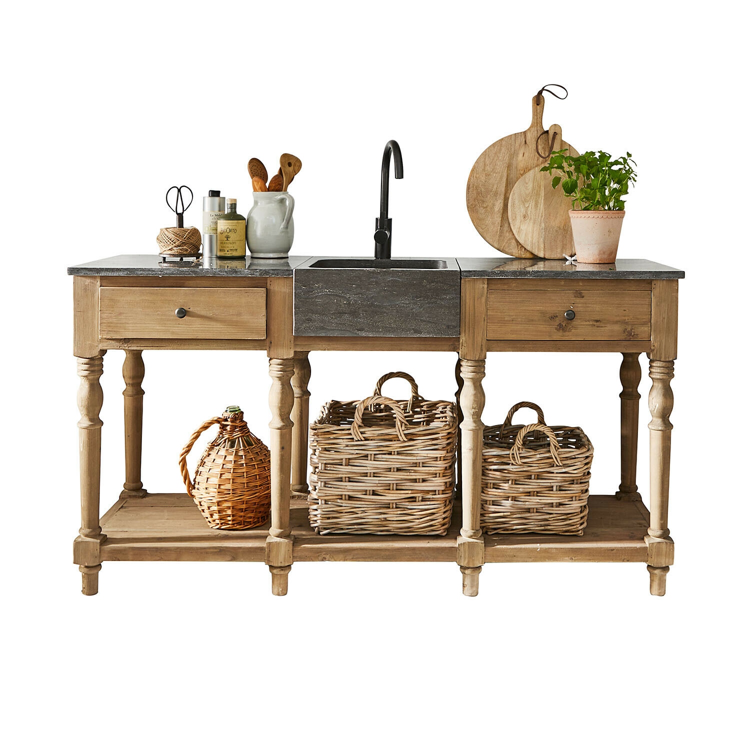 Meuble et évier Bergenfield Table de cuisine en bois avec tiroirs, évier en pierre et paniers en osier, style rustique
