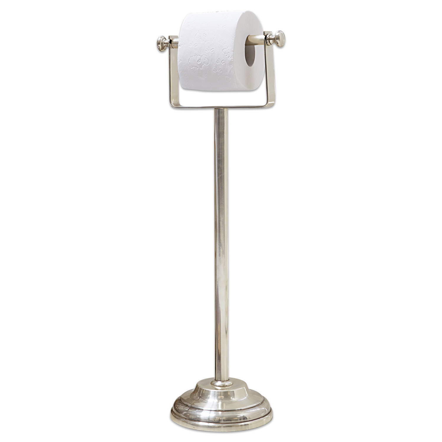 Support à papier toilette Corinne Porte-papier toilette sur pied en métal argenté avec rouleau de papier blanc