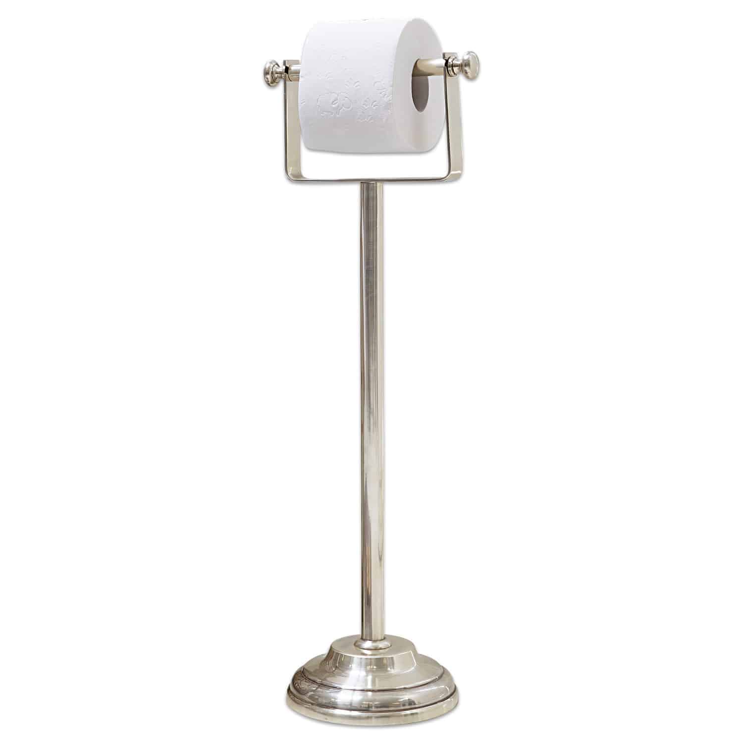Support à papier toilette Corinne Porte-papier toilette sur pied en métal argenté avec rouleau de papier blanc