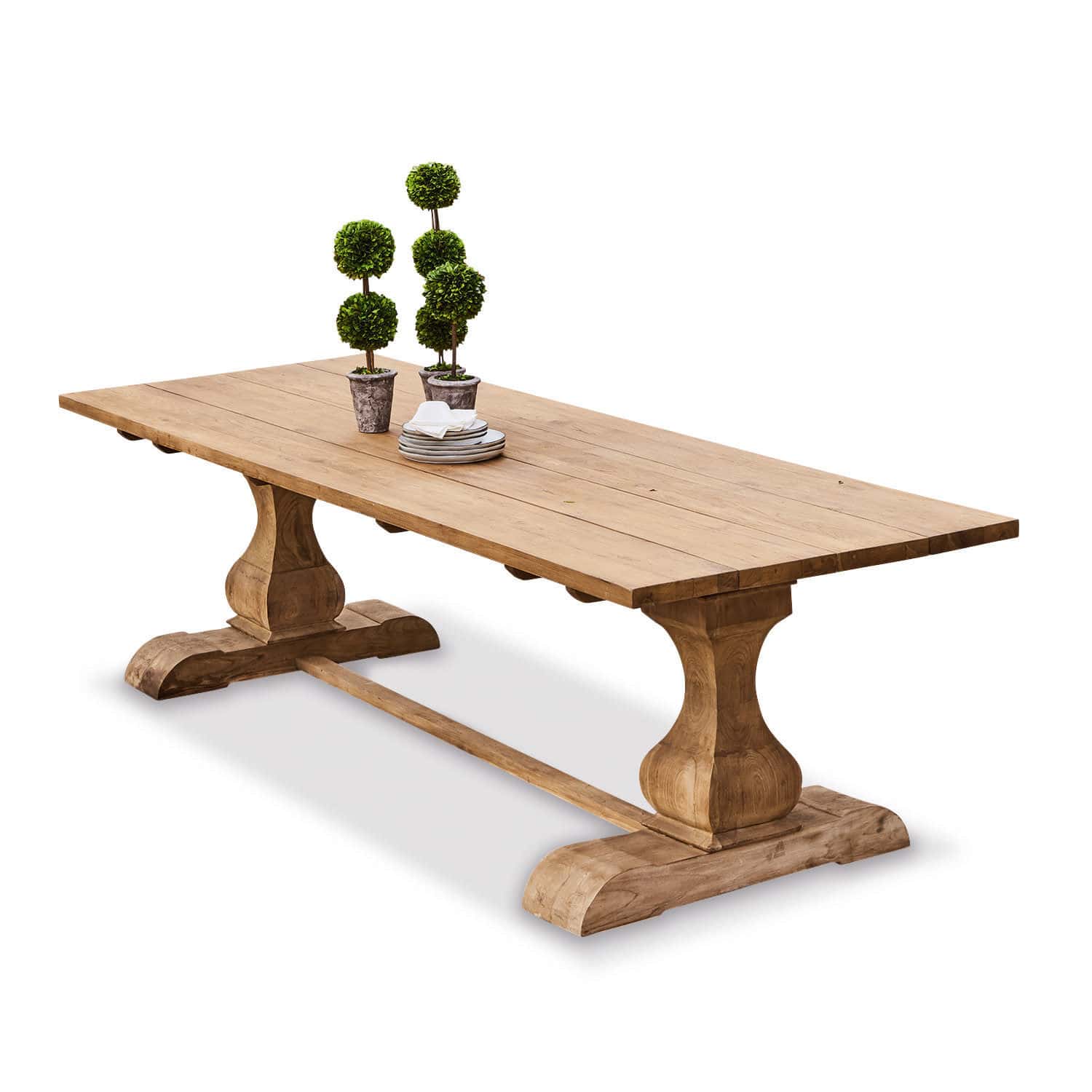 Table Devonshire Grande table en bois naturel avec plantes décoratives sur le dessus, mobilier de salle à manger