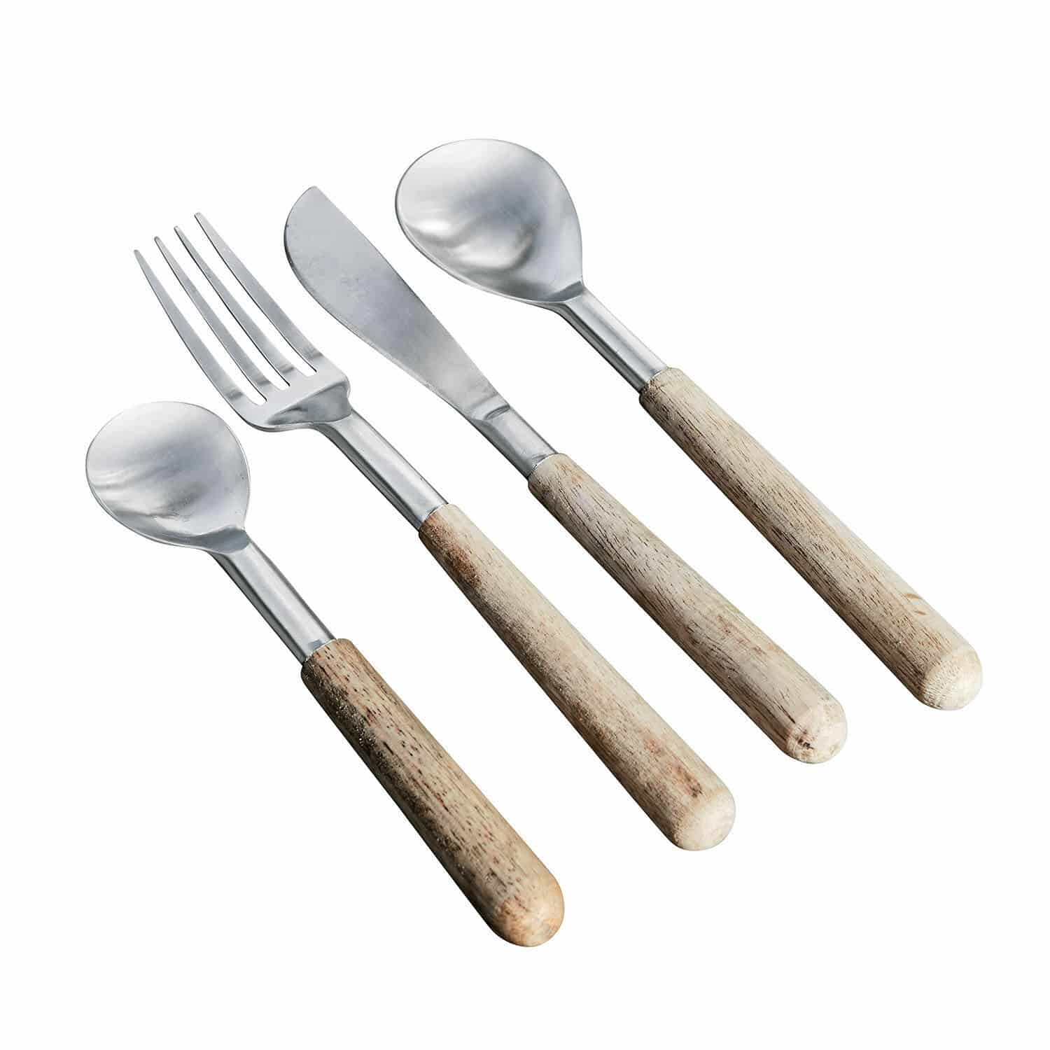 Set de couverts Myrdin avec manches en bois brun et parties métalliques, design rustique et fonctionnel