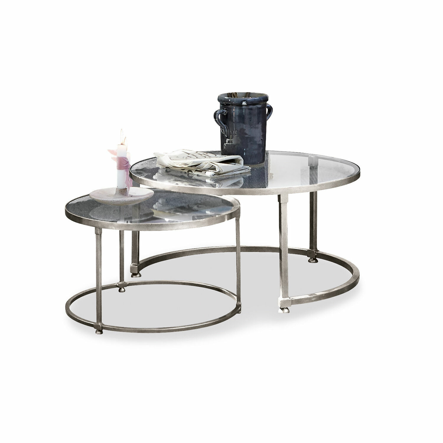 Lot de 2 tables basses Kabala Ensemble de deux tables basses rondes avec plateau en verre et cadre métallique argenté moderne