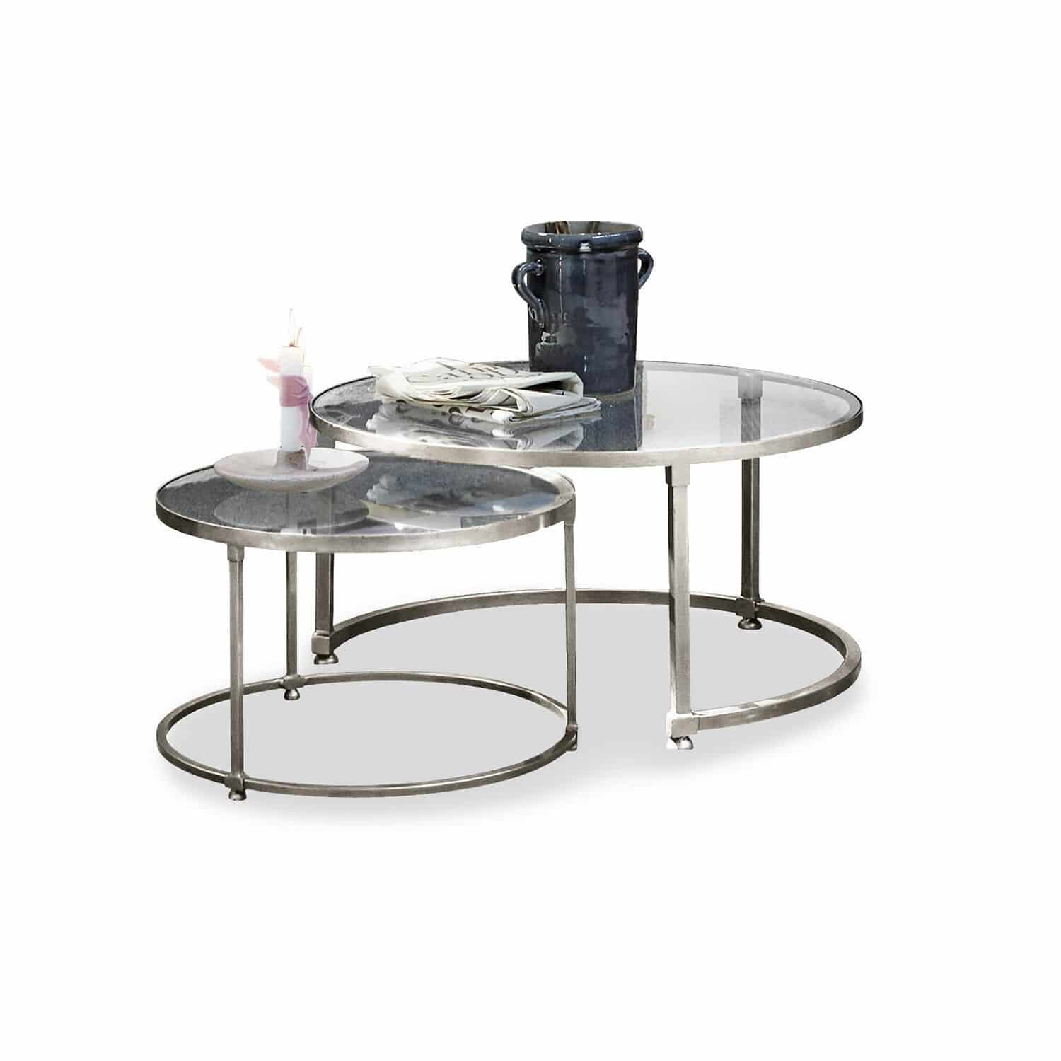 Lot de 2 tables basses Kabala Ensemble de deux tables basses rondes avec plateau en verre et cadre métallique argenté moderne