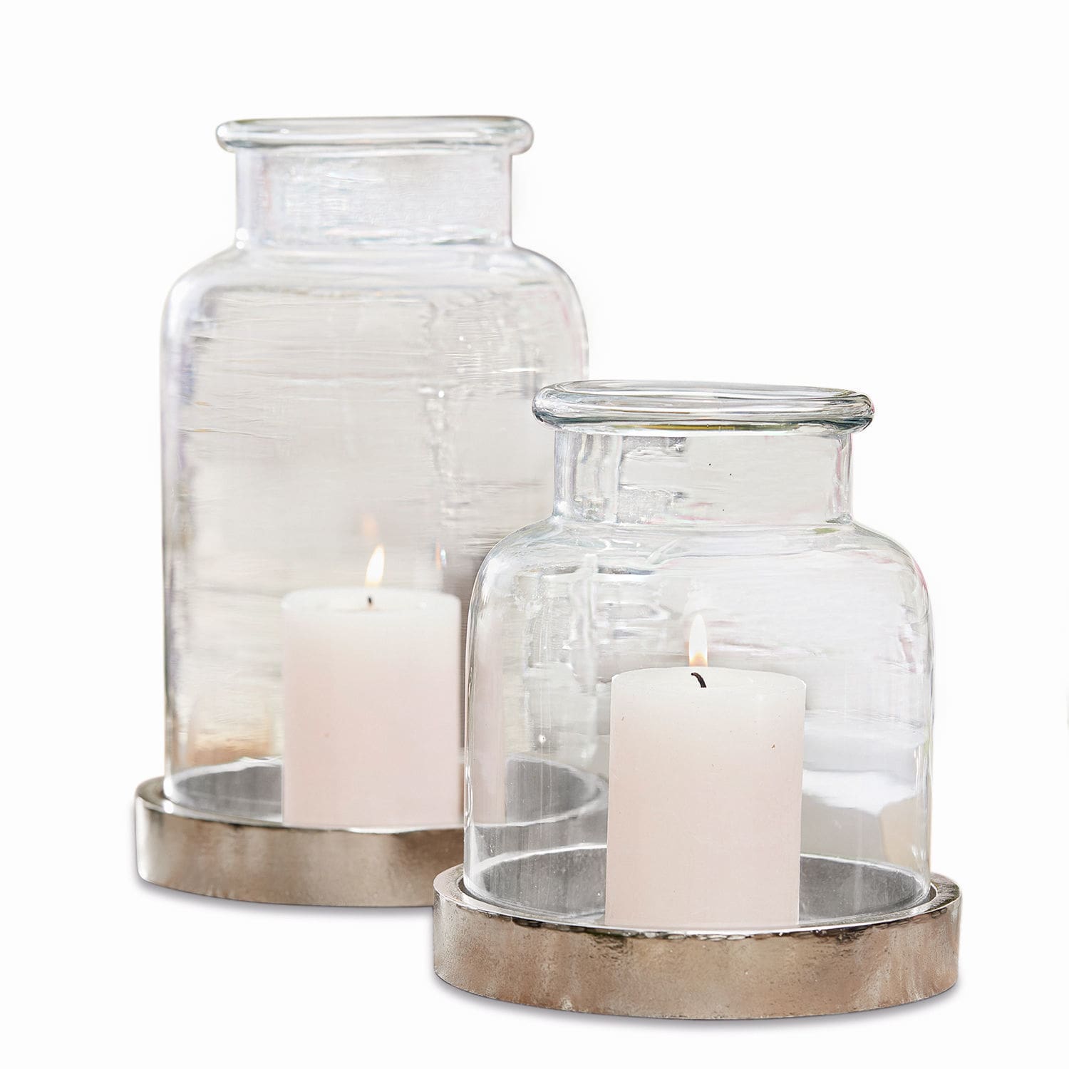 Lot de 2 photophores Emphoria Lanterne en verre avec base métallique argentée et bougies blanches pour décoration intérieure
