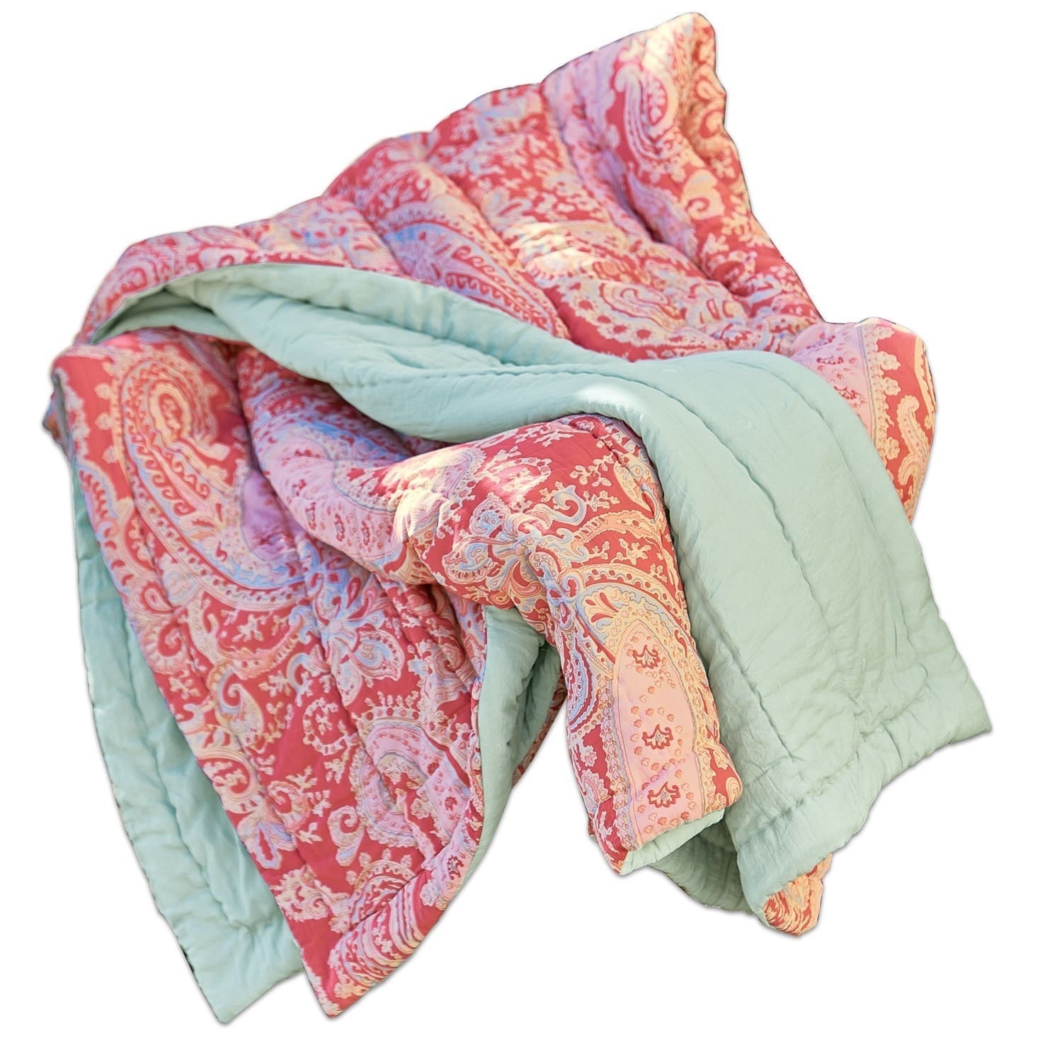 Plaid Aram Couverture réversible en coton avec motif paisley rouge-rose et couleur menthe, douce et décorative