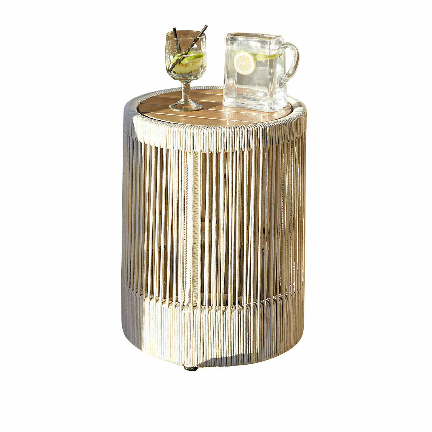 Table d'appoint Delor Table d'appoint ronde en bois et corde beige, parfaite pour salon et jardin