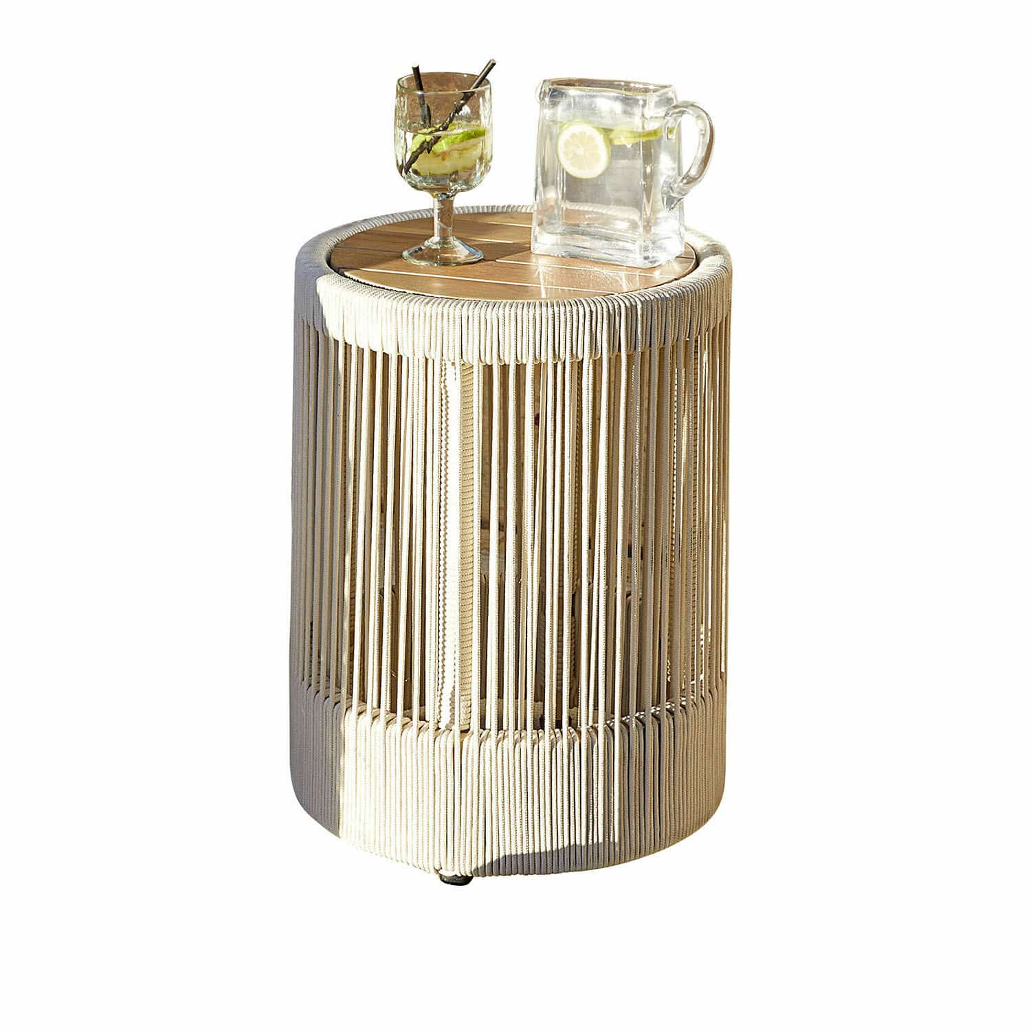 Table d'appoint Delor Table d'appoint ronde en bois et corde beige, parfaite pour salon et jardin