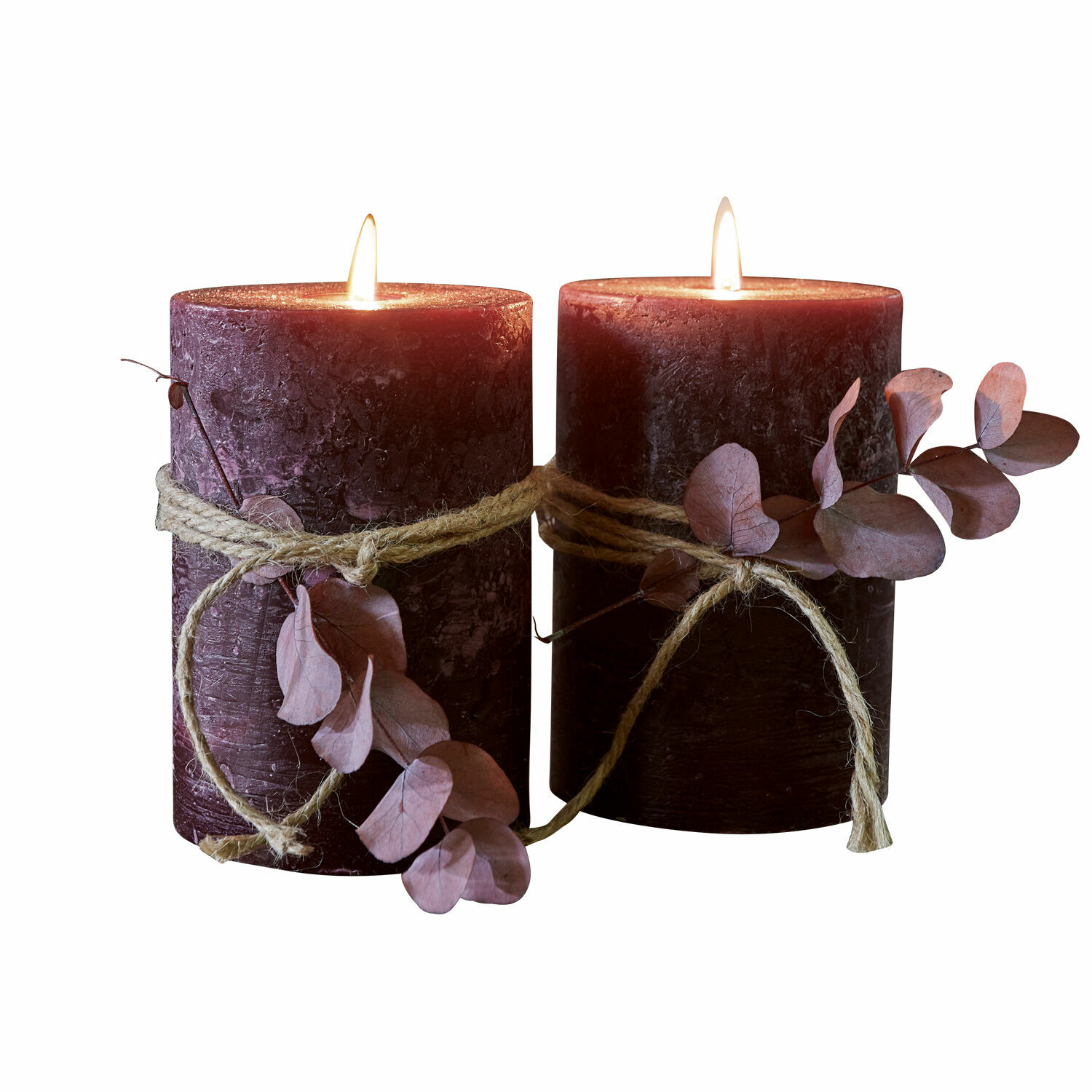 Lot de 2 bougies Oviedo Deux bougies violettes avec corde naturelle et feuilles séchées, décoration intérieure relaxante