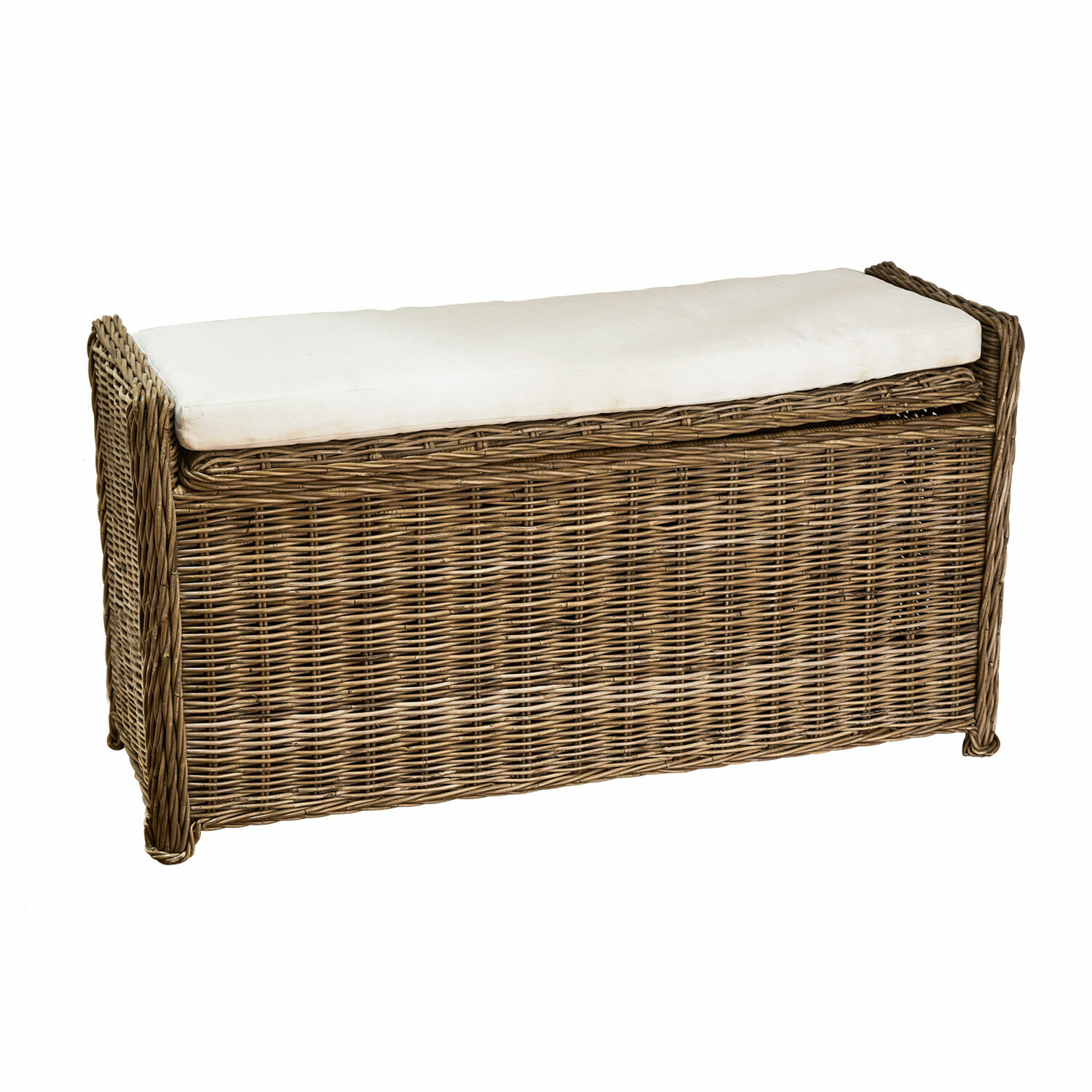 Banc Horton Banc en rotin avec coussin blanc, matériau naturel, meuble de rangement et assise