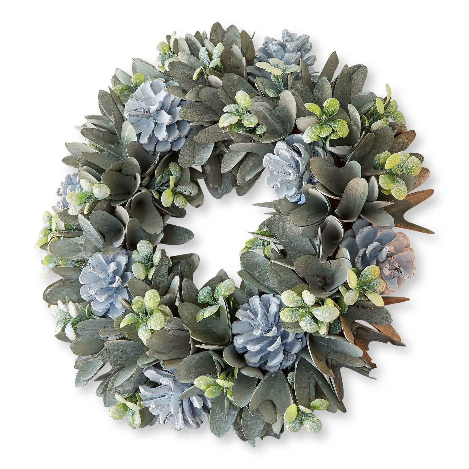 Couronne Deinze Couronne décorative avec pommes de pin grises et feuilles vertes givrés, décoration festive
