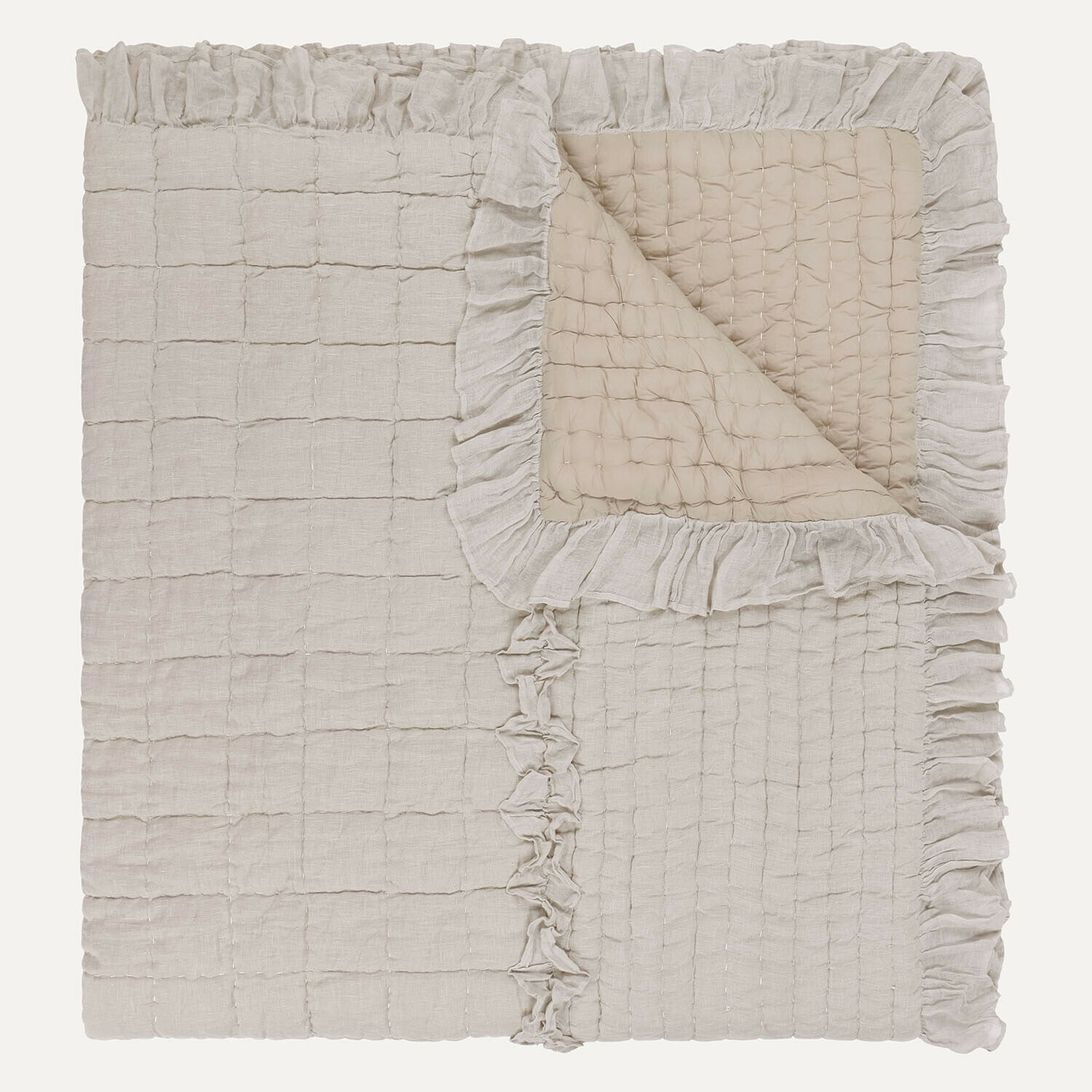 Courtepointe Calennent Couvre-lit matelassé beige en lin avec volants, doux et décoratif pour chambre à coucher