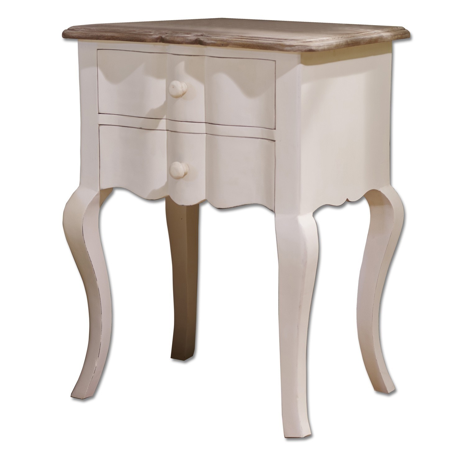 Table d'appoint Fairchild Table de chevet blanche en bois avec deux tiroirs et plateau en bois naturel, meuble vintage