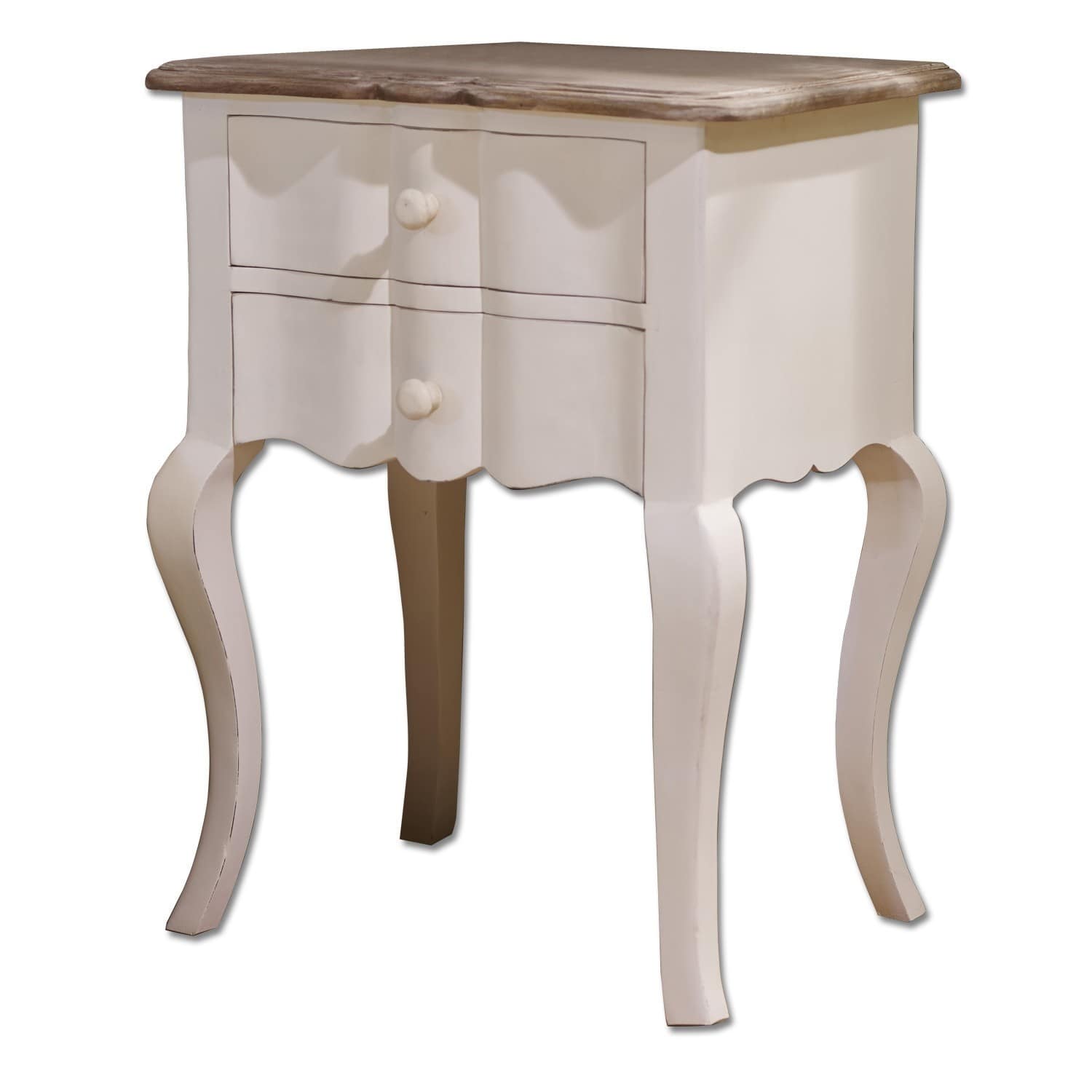 Table d'appoint Fairchild Table de chevet blanche en bois avec deux tiroirs et plateau en bois naturel, meuble vintage