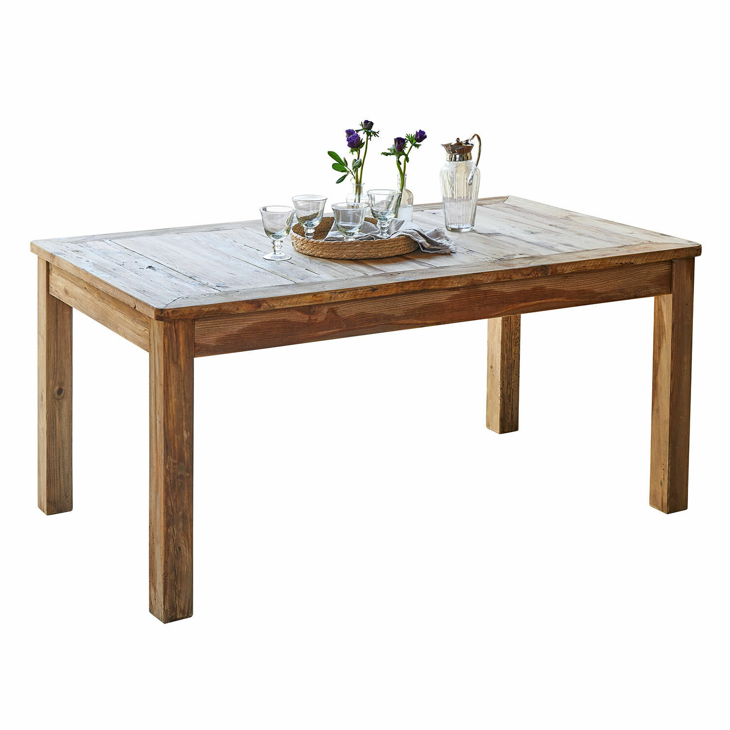 Table Amherst Table à manger en bois naturel avec décorations en verre et fleurs sur le dessus
