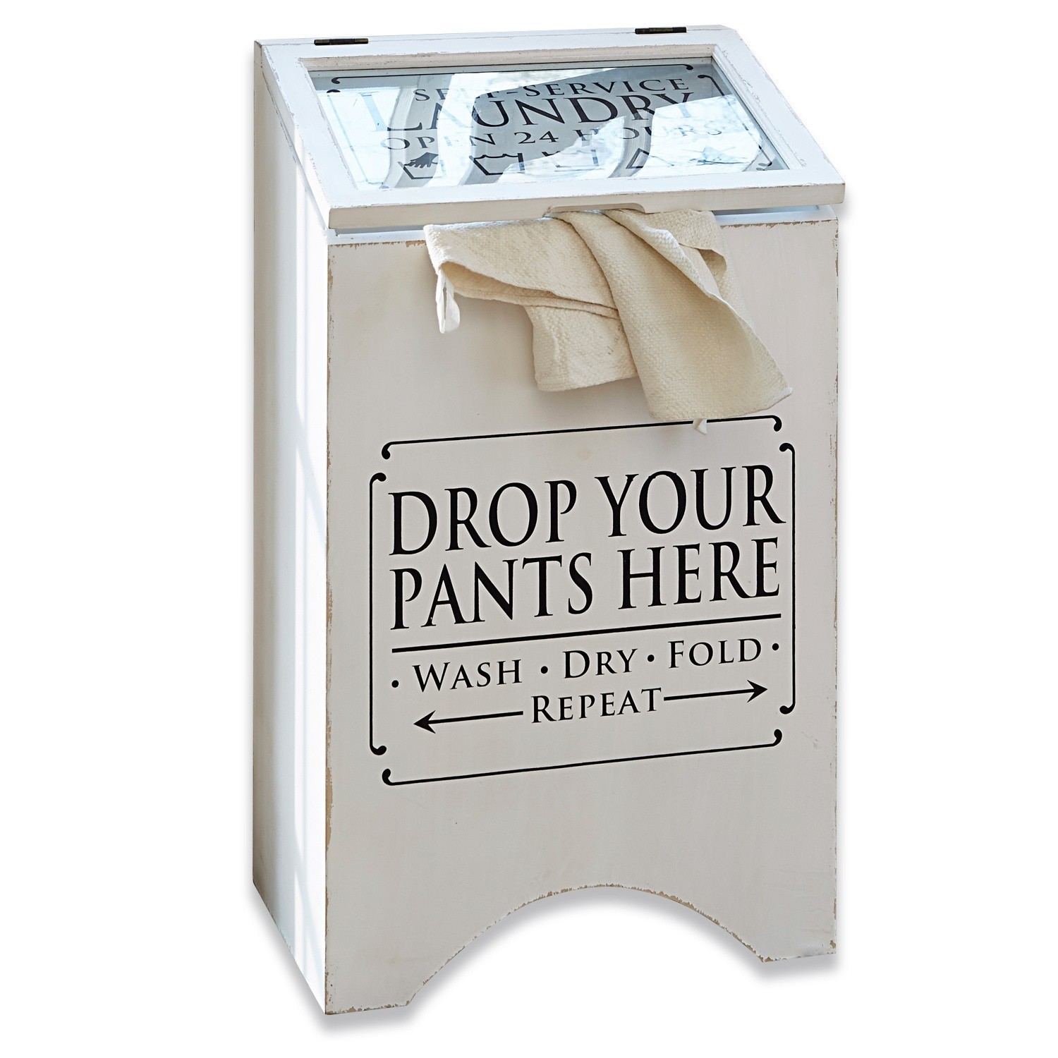 Coffre à linge Drop it Panier à linge en bois blanc avec inscription et serviette en tissu, idéal pour la buanderie