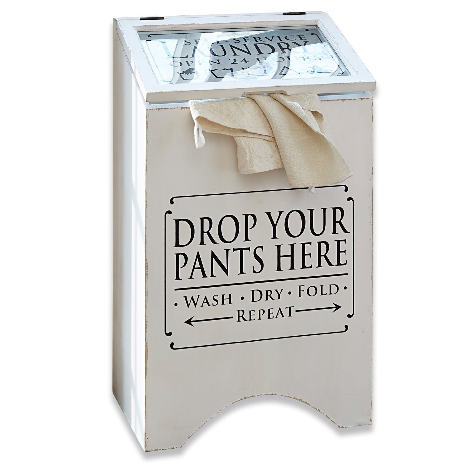 Coffre à linge Drop it Panier à linge en bois blanc avec inscription et serviette en tissu, idéal pour la buanderie