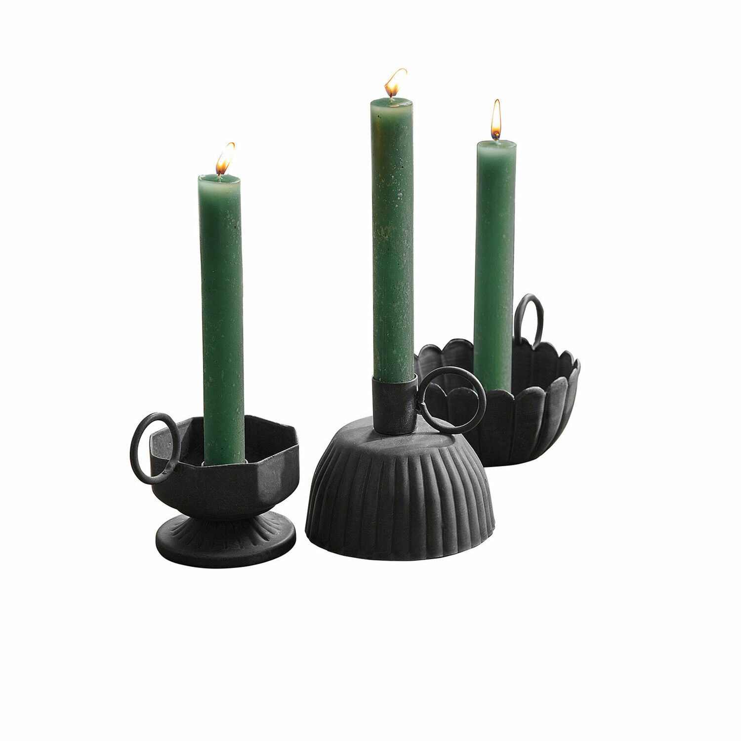 Lot de 3 bougeoirs Lazharin Ensemble de trois bougeoirs en métal noir avec bougies vertes pour décoration intérieure