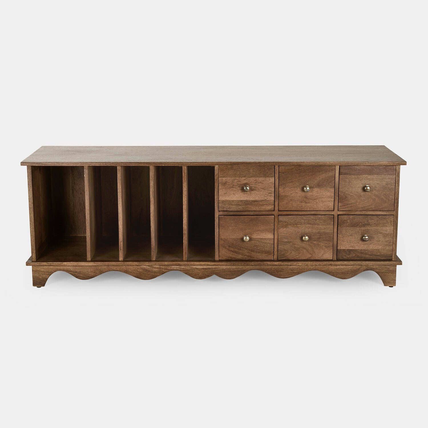 Buffet bas Jomilas Meuble en bois naturel avec six tiroirs et compartiments verticaux pour rangement organisé